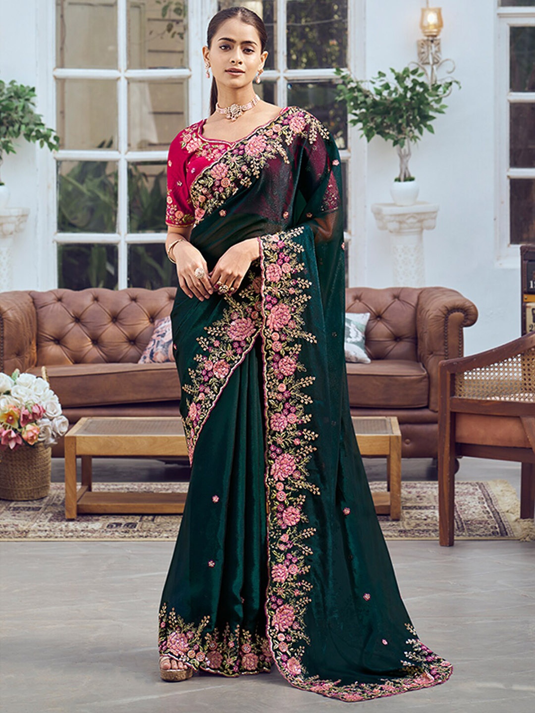 

ODETTE Floral Embroidered Saree, Teal