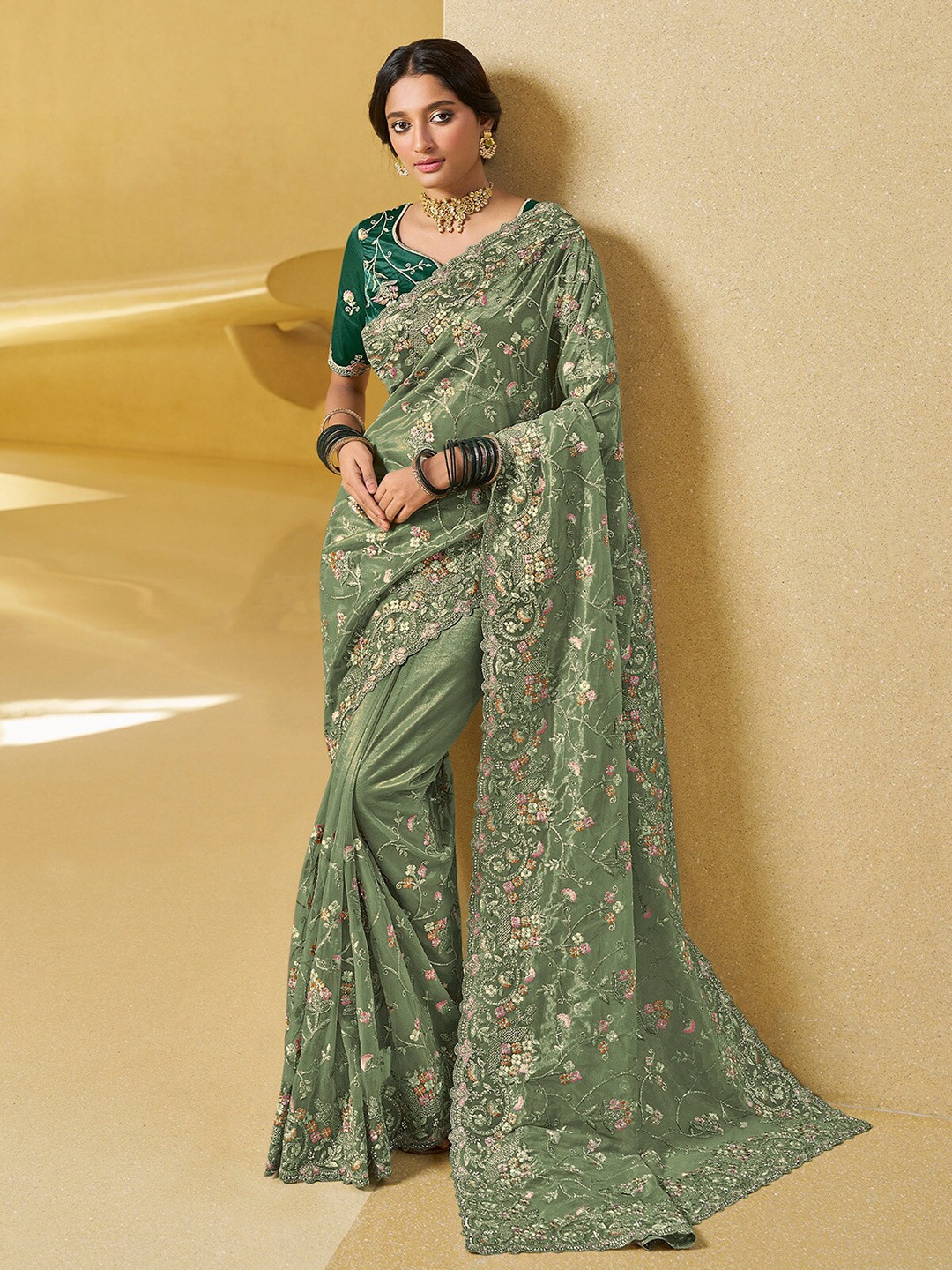 

ODETTE Floral Embroidered Net Saree, Green