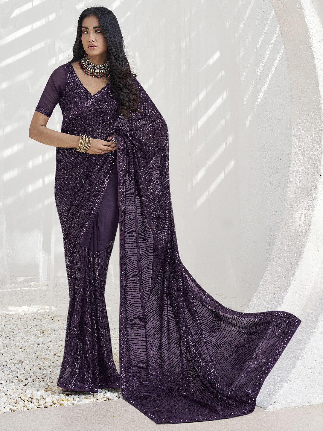

ODETTE Embellished Sequinned Saree, Purple