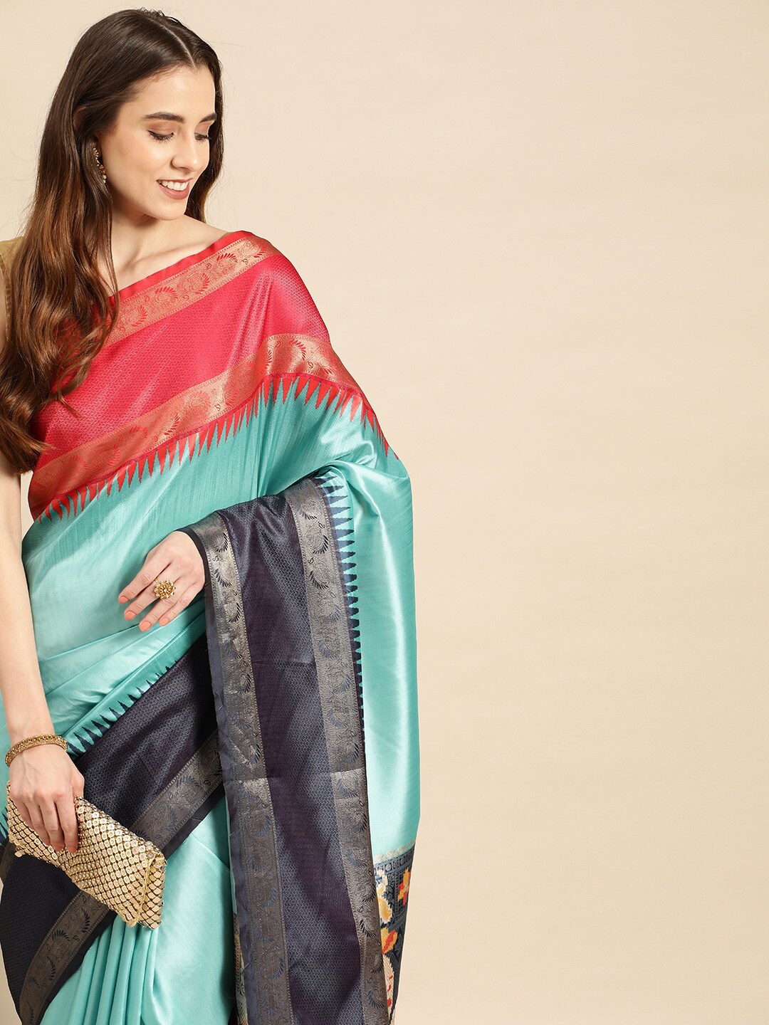 

PATLIPALLU Geometric Woven Design Zari Banarasi Saree, Teal