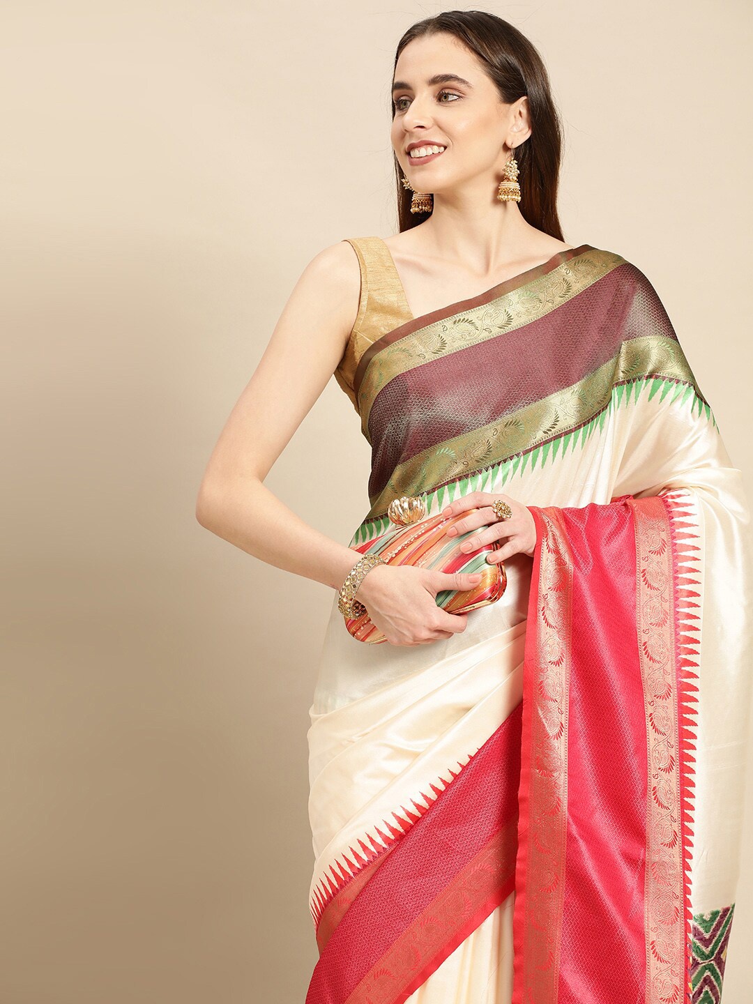

PATLIPALLU Geometric Woven Design Zari Banarasi Saree, White