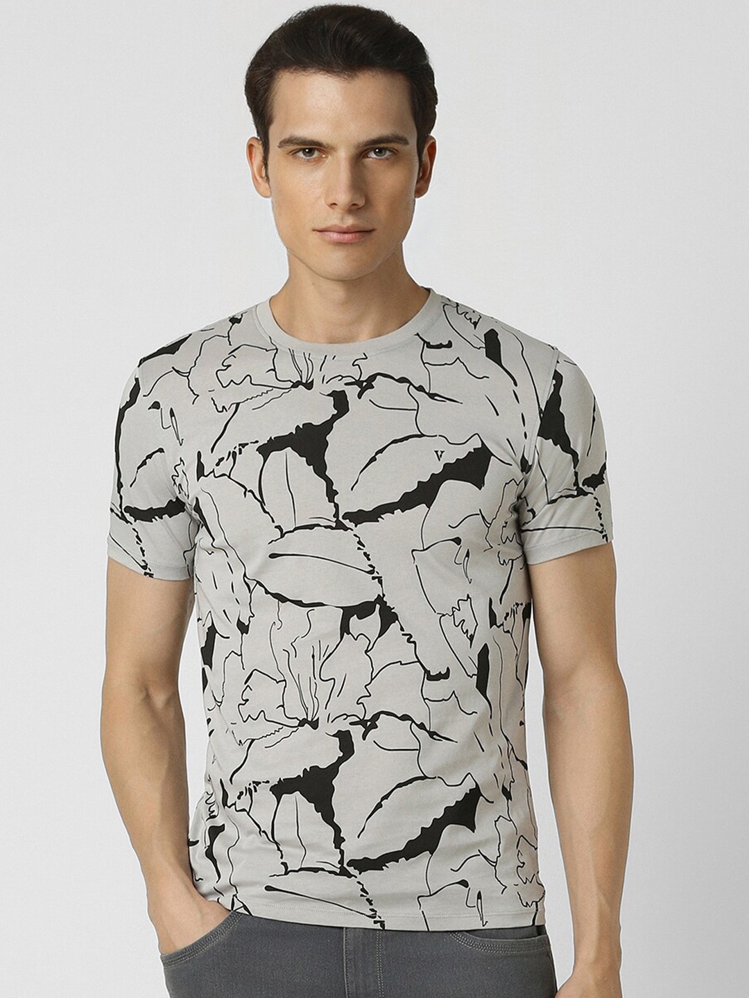 

V Dot Printed Slim Fit Crew Neck T-shirt, Grey