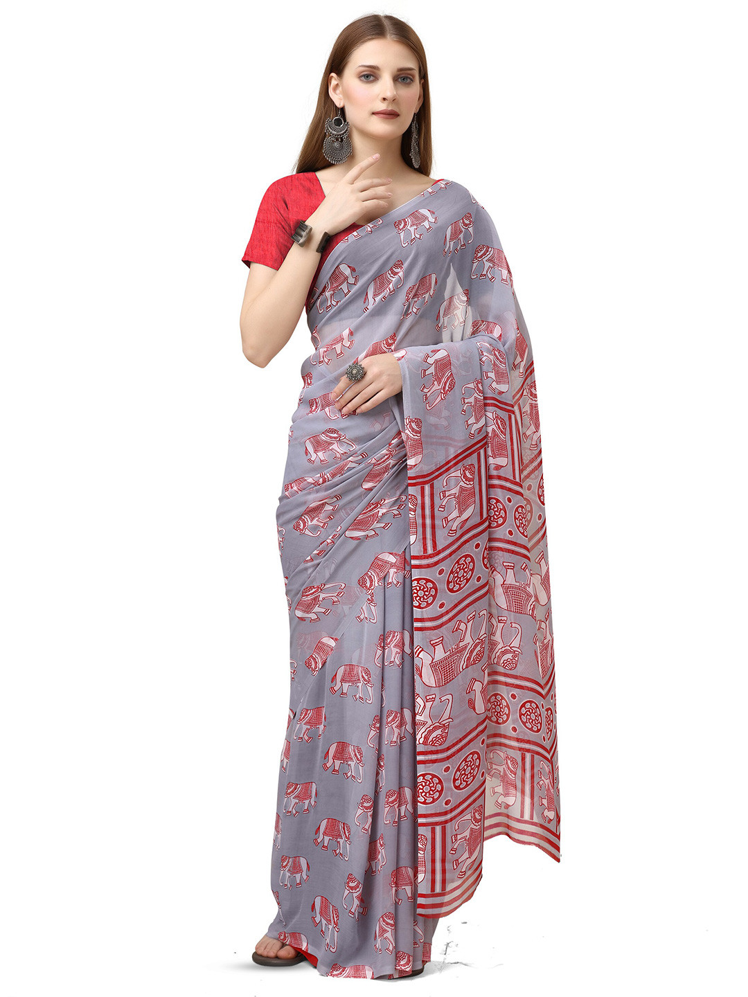 

Sanwariya Silk Ethnic Motifs Printed Pure Georgette Saree, Grey