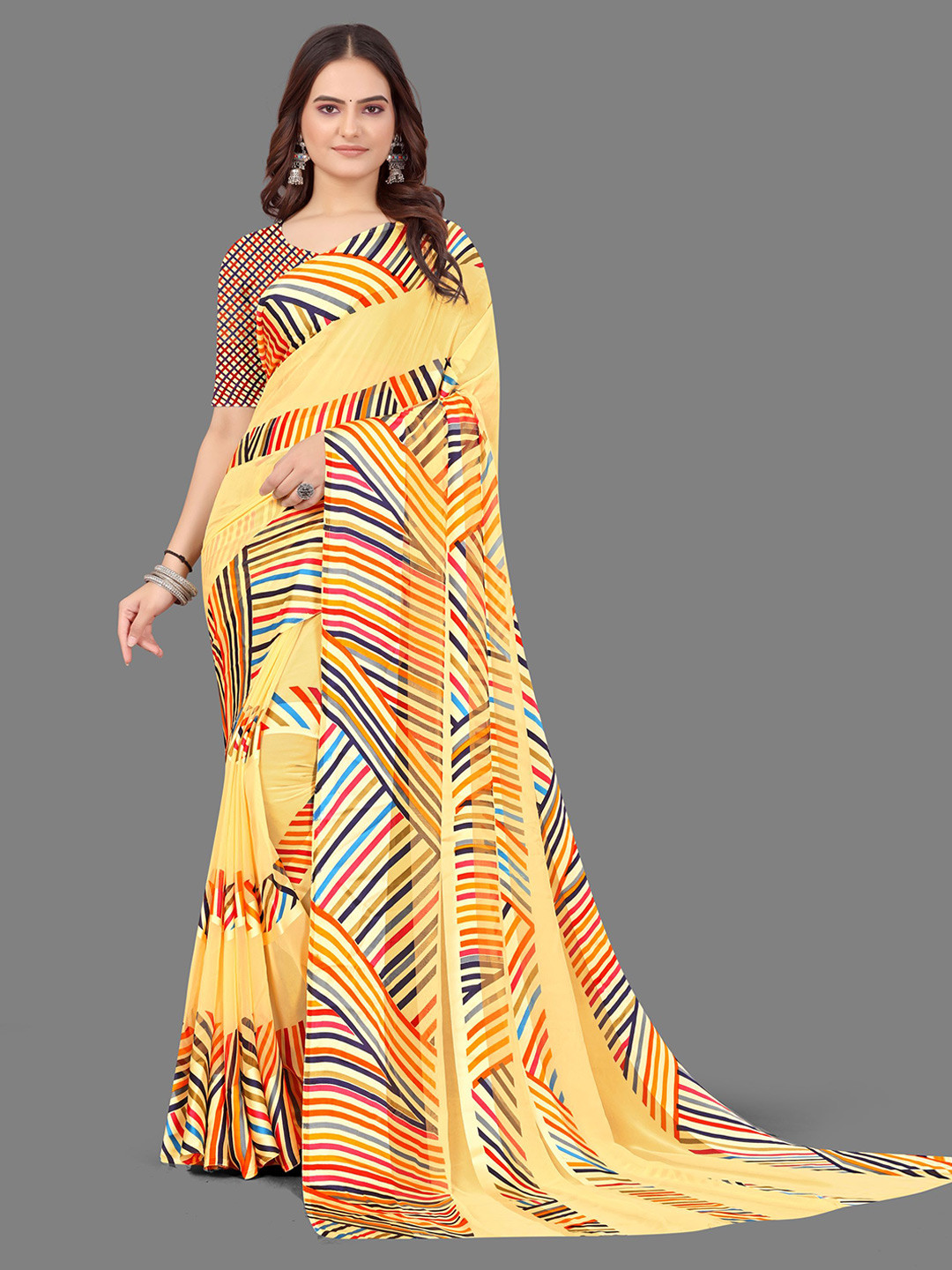 

Sanwariya Silk Striped Printed Satin Saree, Yellow