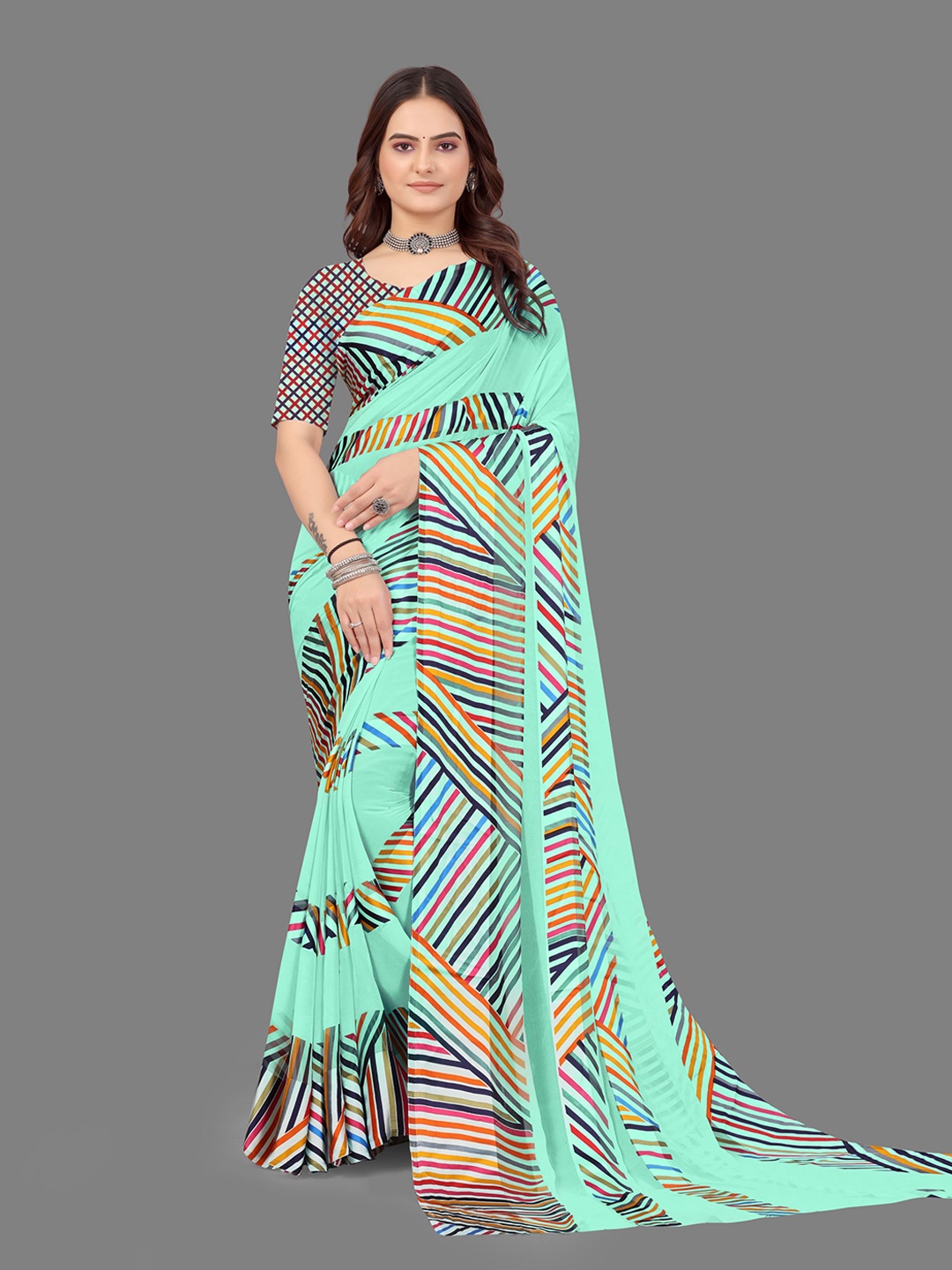 

Sanwariya Silk Striped Printed Satin Saree, Blue