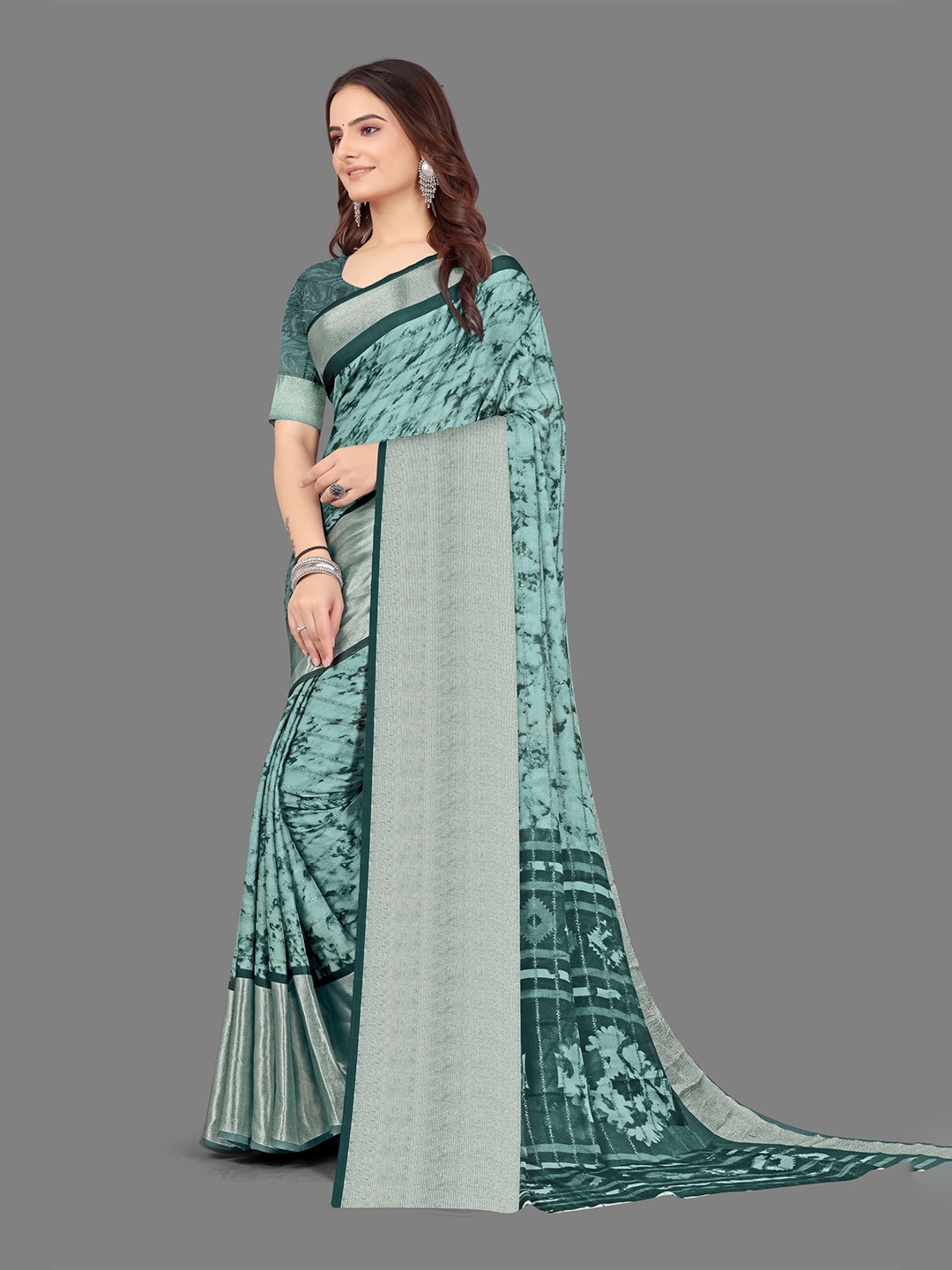

Sanwariya Silk Tie & Dye Printed Zari Pure Chiffon Saree, Teal