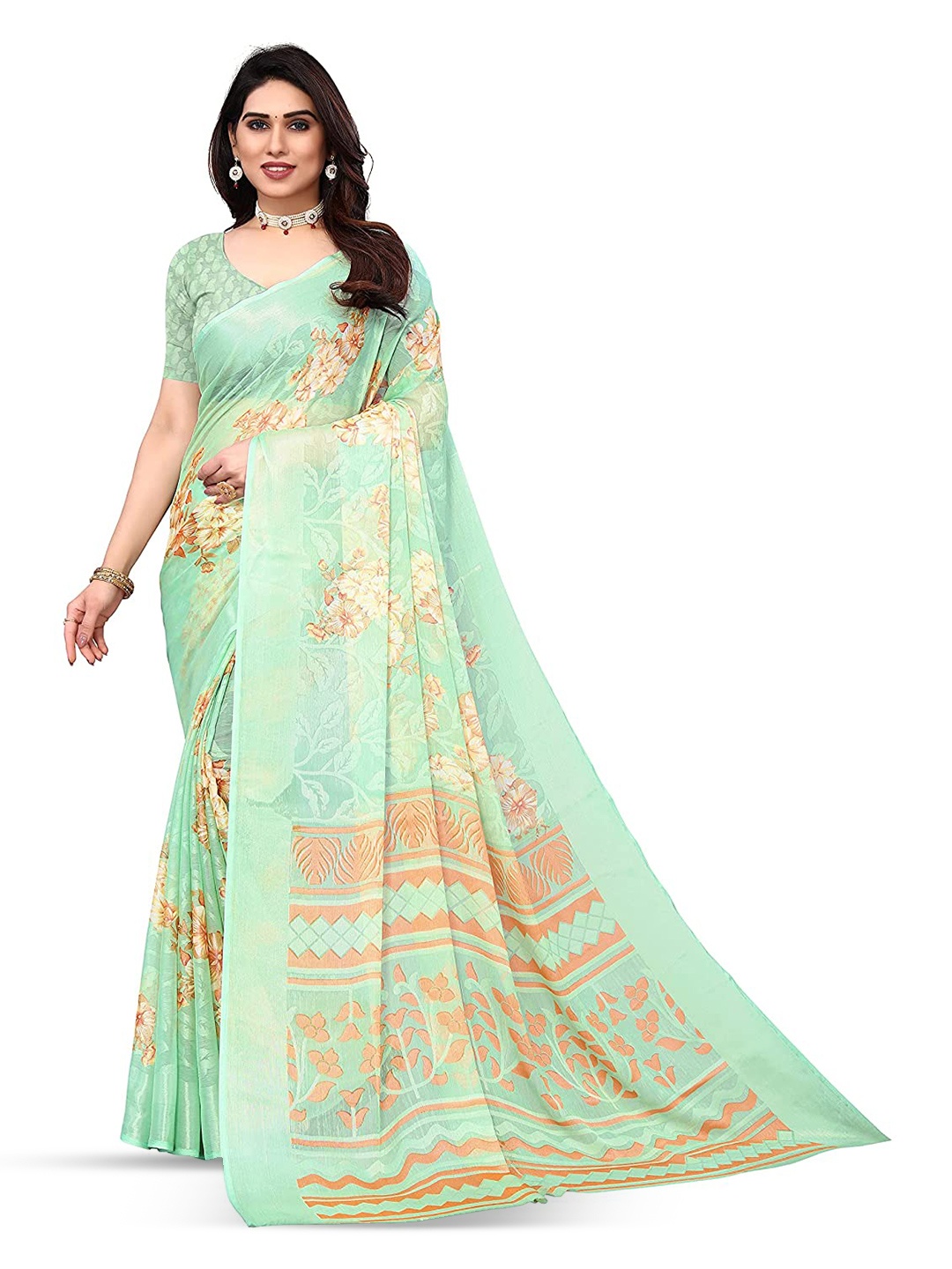 

Sanwariya Silk Floral Printed Brasso Saree, Green