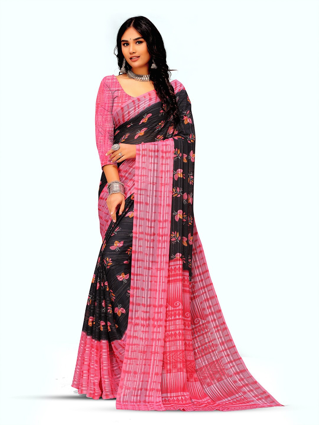 

Sanwariya Silk Floral Printed Pure Georgette Saree, Pink