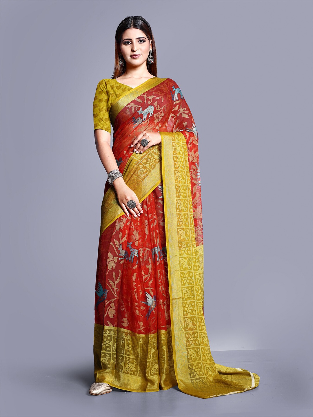 

Sanwariya Silk Floral Printed Brasso Saree, Red
