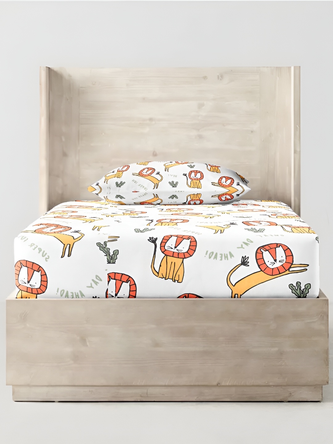 

THE BABY ATELIER White Printed Cotton Fitted 350 TC Single Bedsheet With Pillow Covers