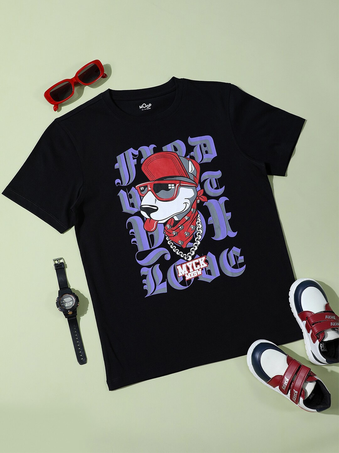 

Hoop Boys Printed Round Neck Short Sleeves Cotton T-shirt, Black