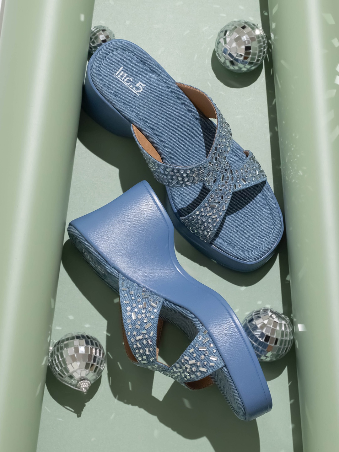 

Inc 5 Embellished Open Toe Platform Heels, Blue