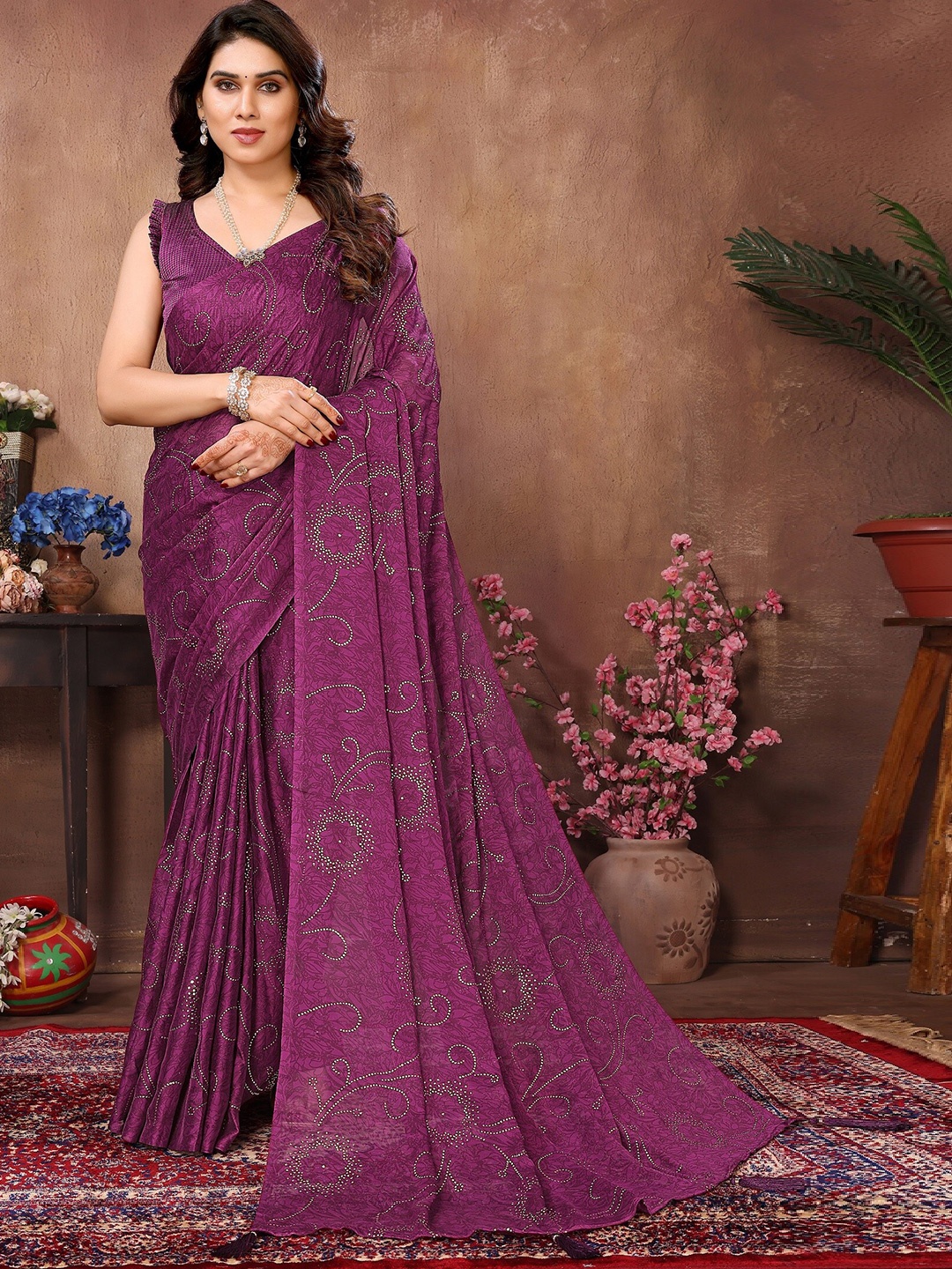 

BHARODIYA ENTERPRISES Embellished Beads & Stones Saree, Purple