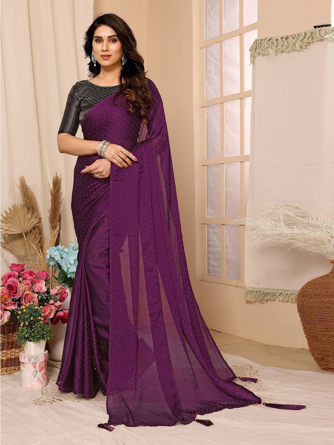 

BHARODIYA ENTERPRISES Embellished Beads & Stones Satin Saree, Purple