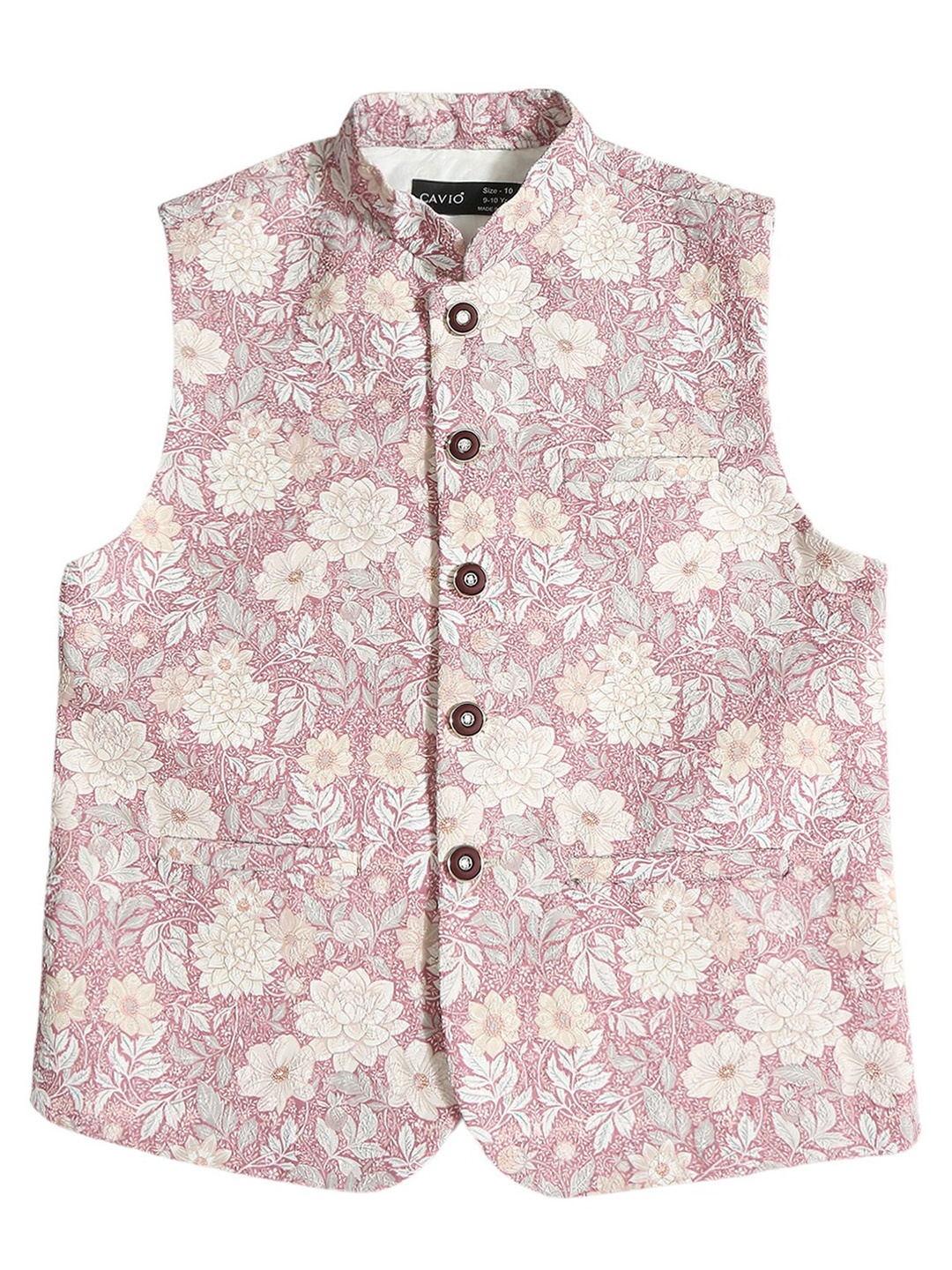 

CAVIO Boys Floral Printed Mandarin Collar Pure Cotton Nehru Jacket, Pink