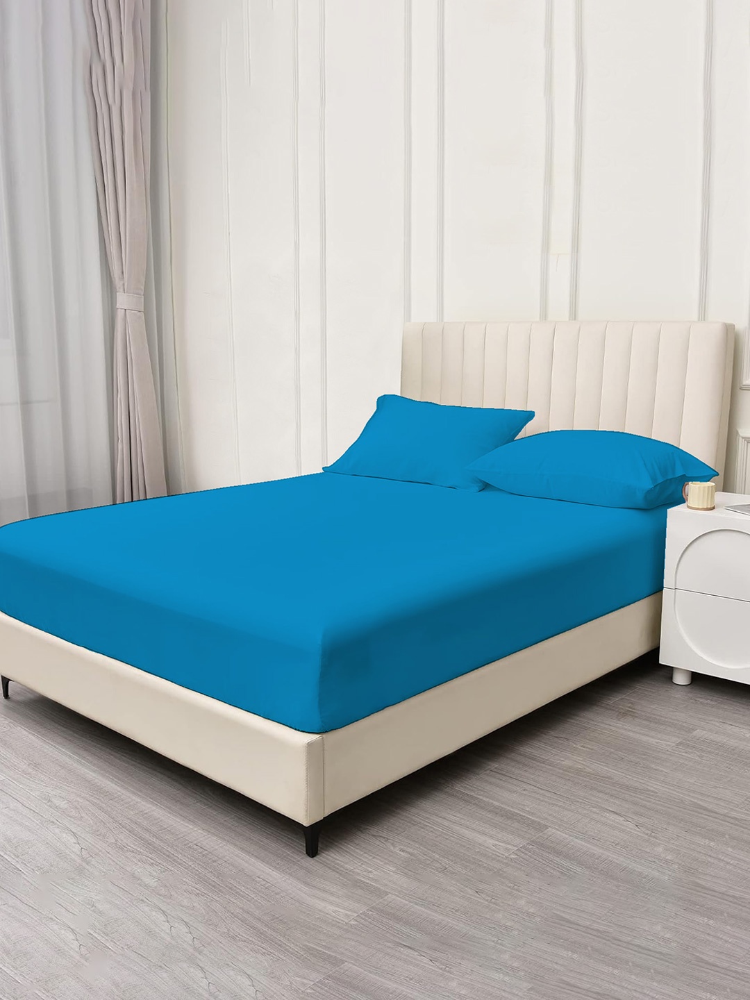 

Trance Home Linen Blue Fitted Cotton 400 TC King Bedsheet With 2 Pillow Covers