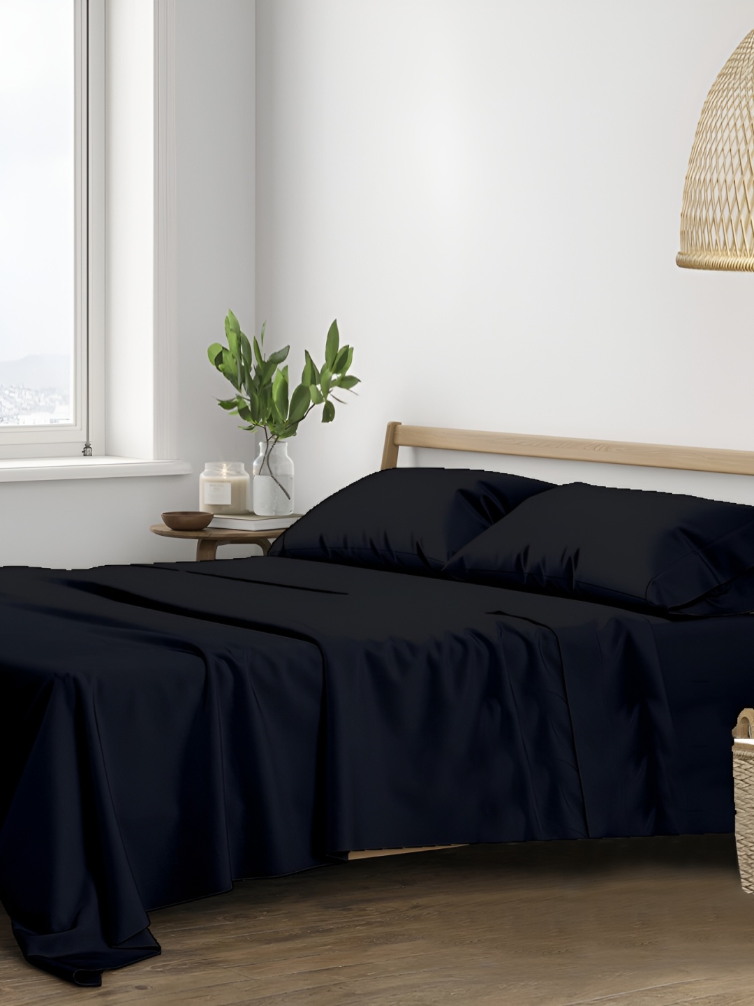 

Trance Home Linen Black Fitted Cotton 400 TC King Bedsheet With 2 Pillow Covers