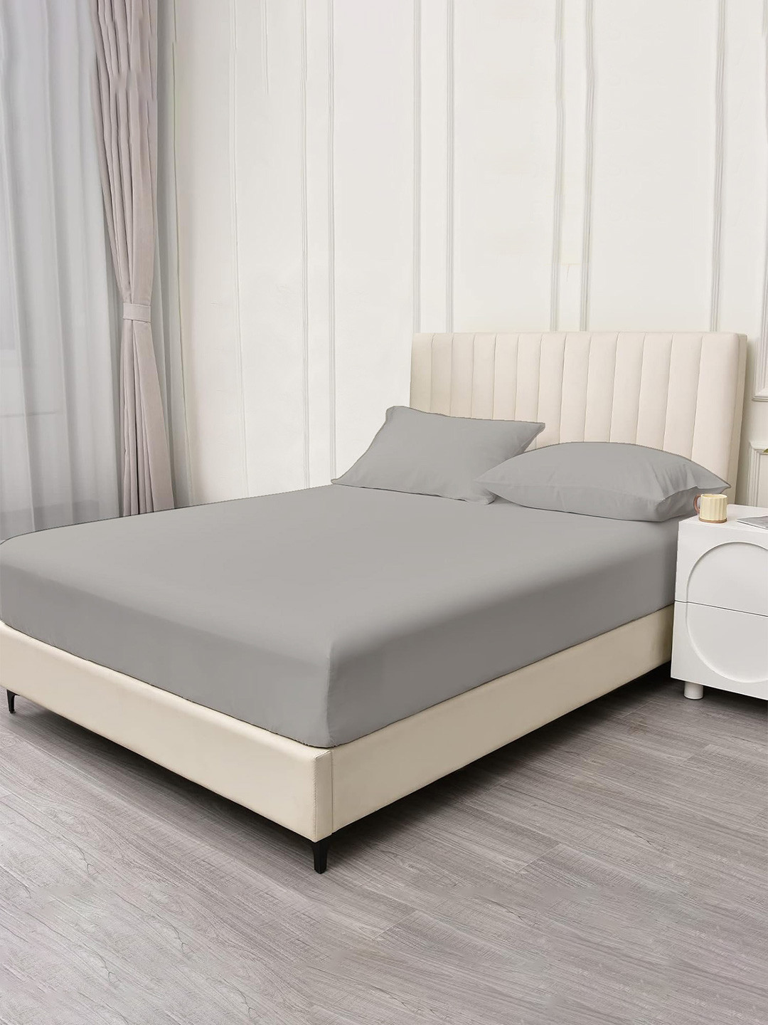 

Trance Home Linen Grey Fitted Cotton 400 TC Queen Bedsheet With 2 Pillow Covers