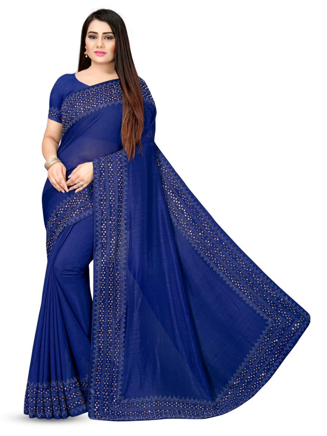 

PUNYATHA CREATION Beads And Stones Embellished Chanderi Saree, Navy blue