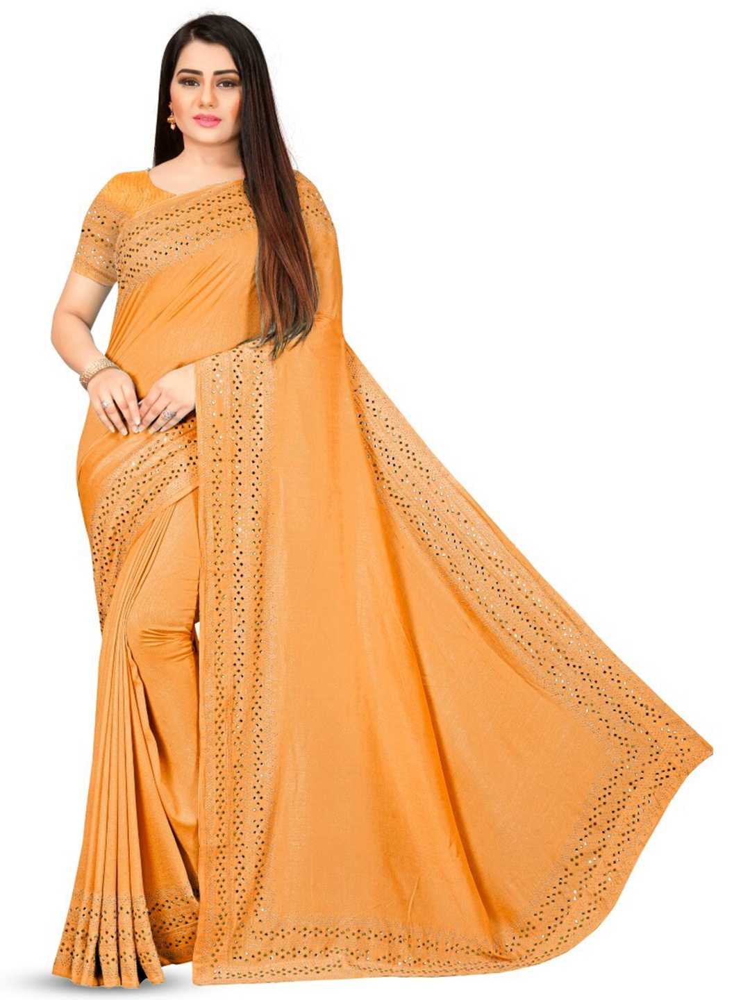 

PUNYATHA CREATION Beads And Stones Embellished Chanderi Saree, Mustard