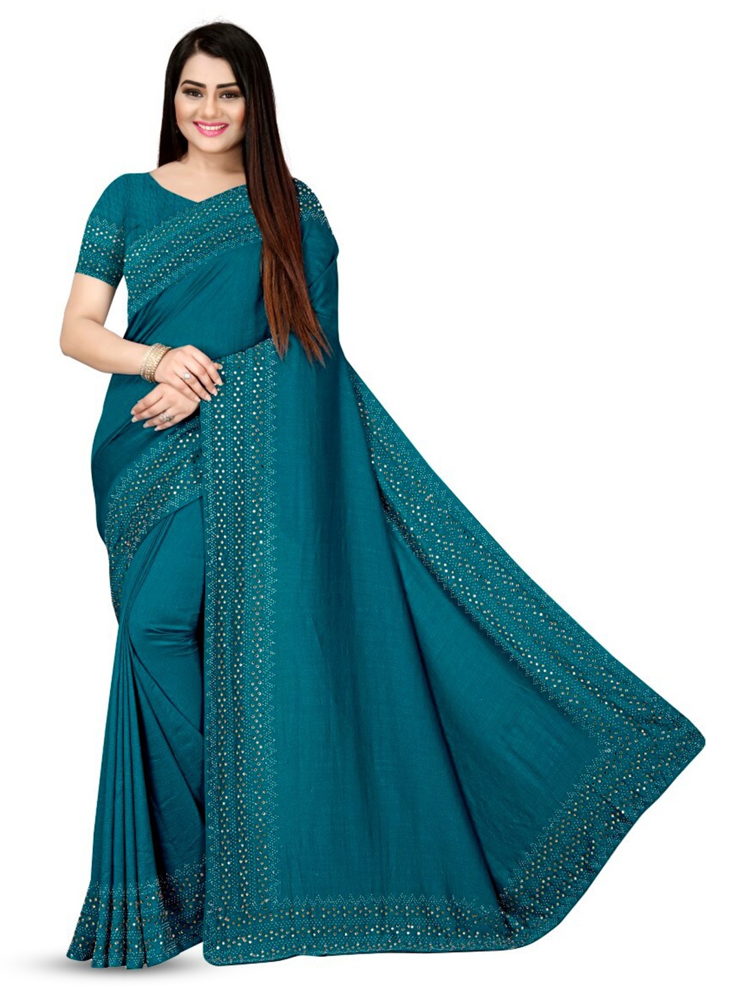 

PUNYATHA CREATION Beads And Stones Embellished Narayan Peth Saree, Teal