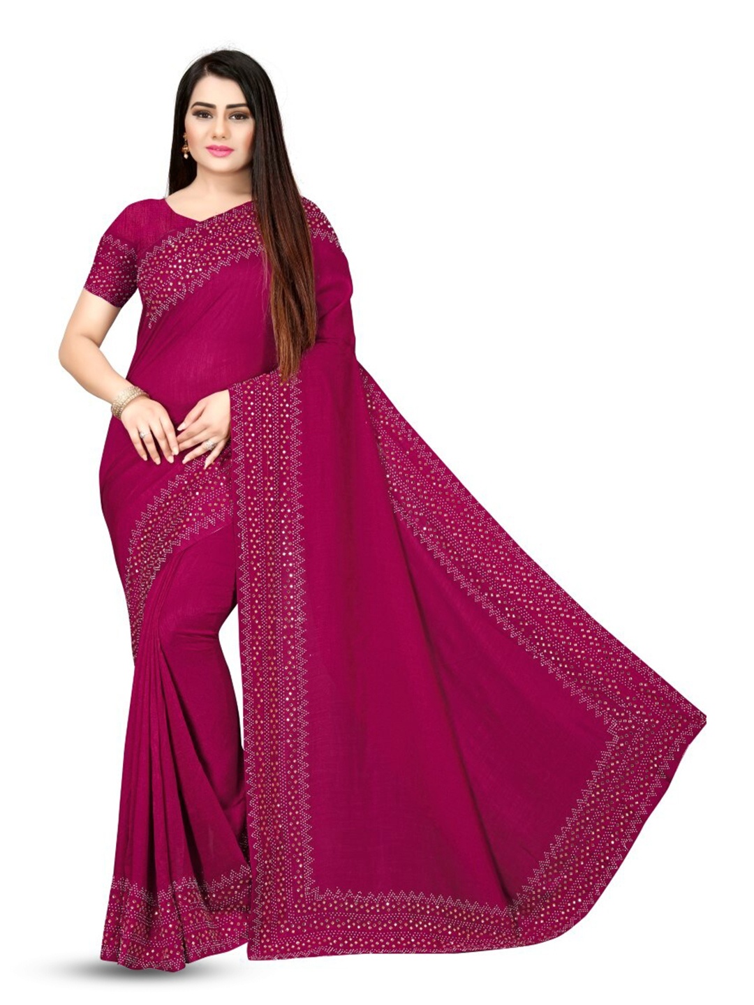 

PUNYATHA CREATION Beads And Stones Embellished Chanderi Saree, Maroon