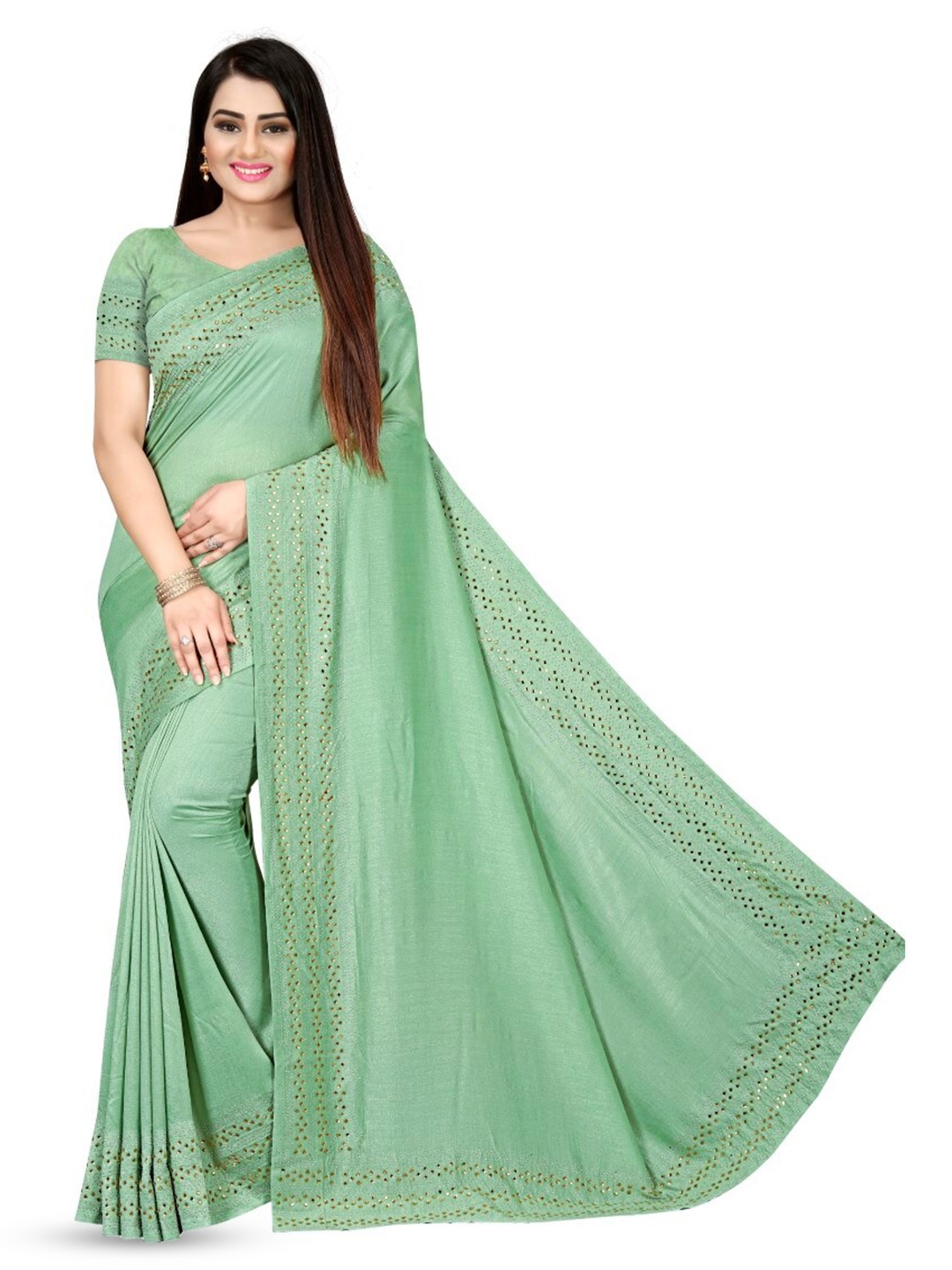 

PUNYATHA CREATION Beads and Stones Chanderi Saree, Olive