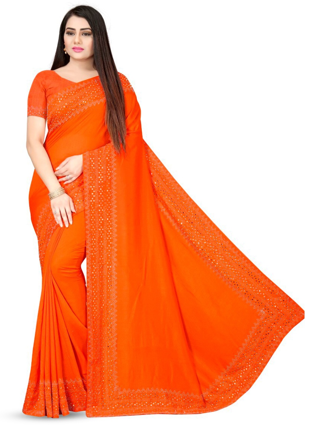 

PUNYATHA CREATION Beads And Stones Embellished Chanderi Saree, Orange