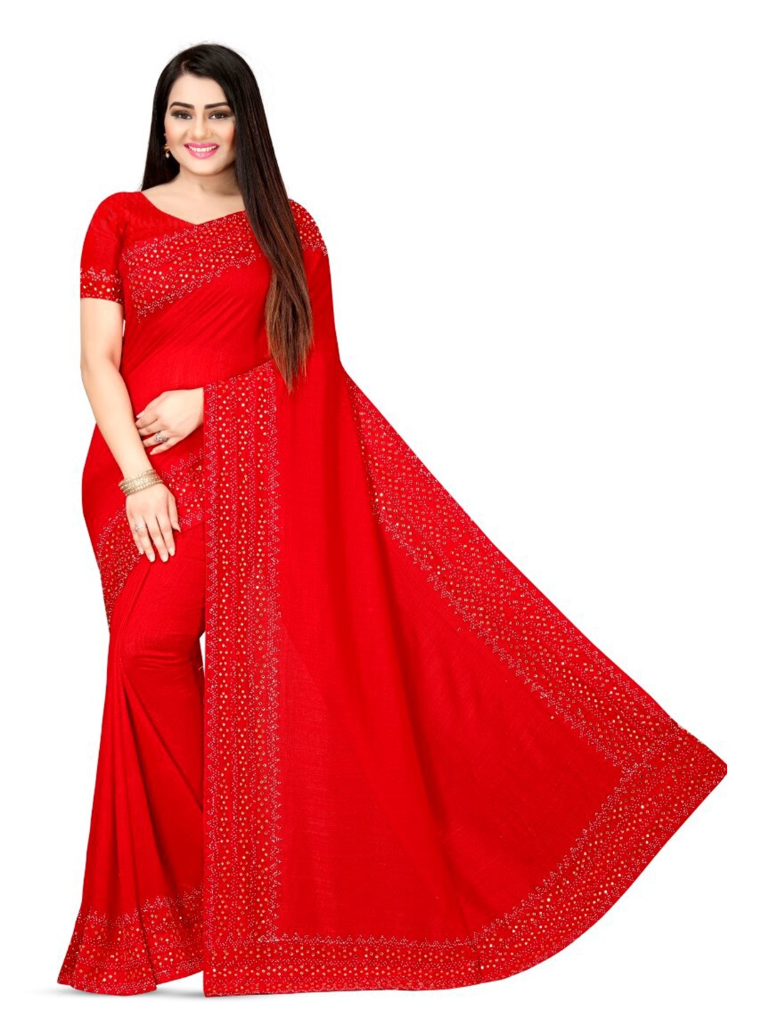 

PUNYATHA CREATION Beads And Stones Embellished Chanderi Saree, Red
