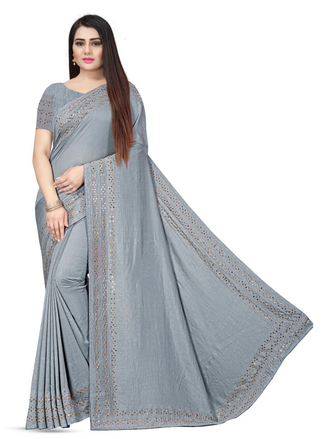 

PUNYATHA CREATION Beads And Stones Embellished Chanderi Saree, Grey