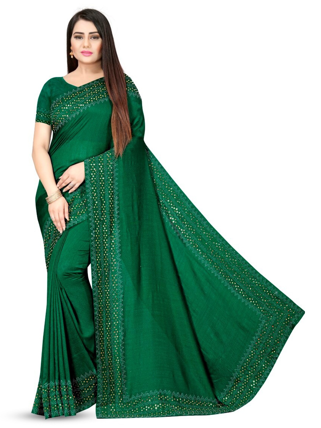 

PUNYATHA CREATION Beads And Stones Embellished Chanderi Saree, Green