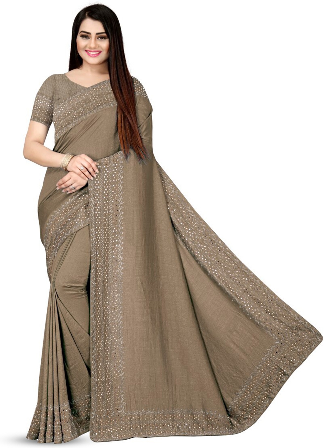 

PUNYATHA CREATION Beads And Stones Embellished Chanderi Saree, Coffee brown