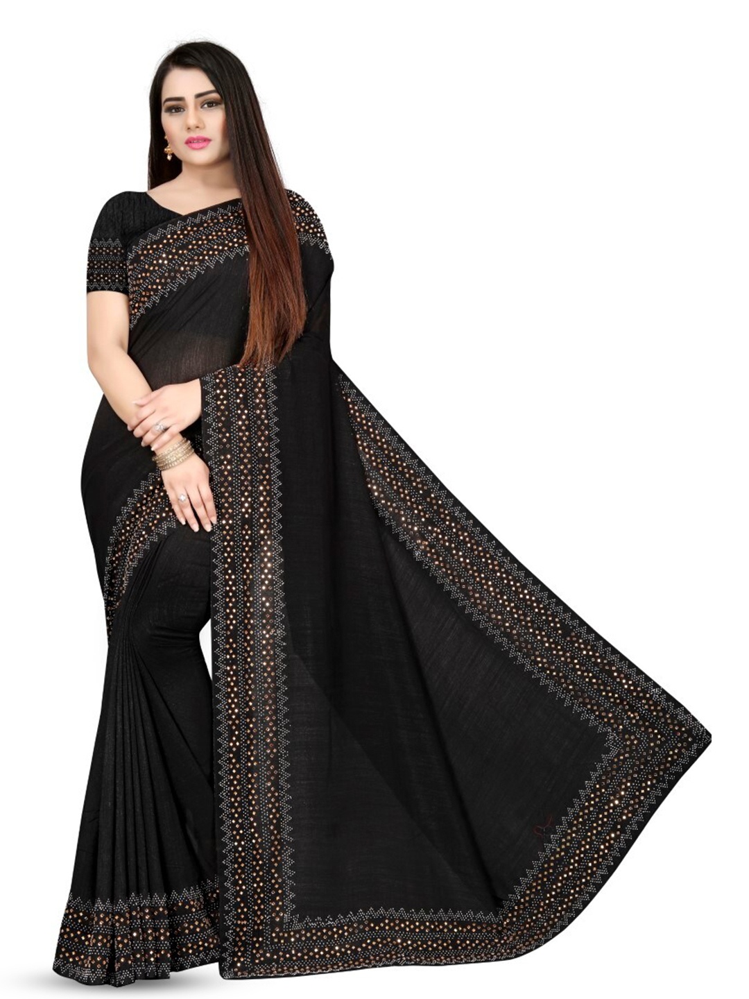 

PUNYATHA CREATION Beads and Stones Chanderi Saree, Black