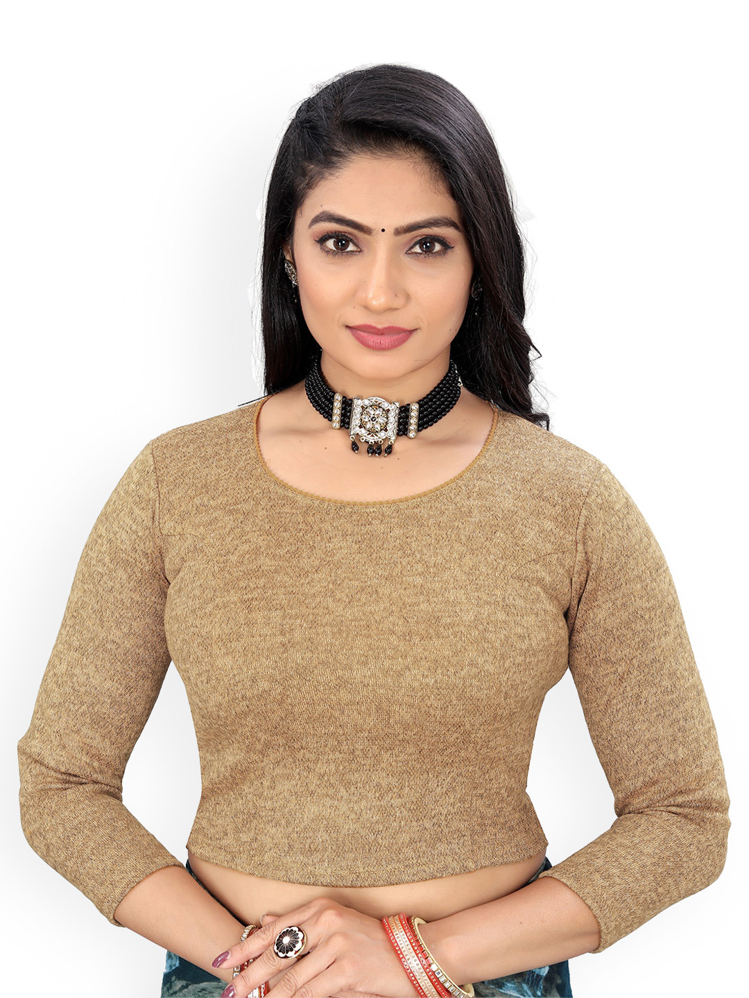 

Reeta Fashion Ribbed Round Neck Woollen Cotton Saree Blouse, Brown