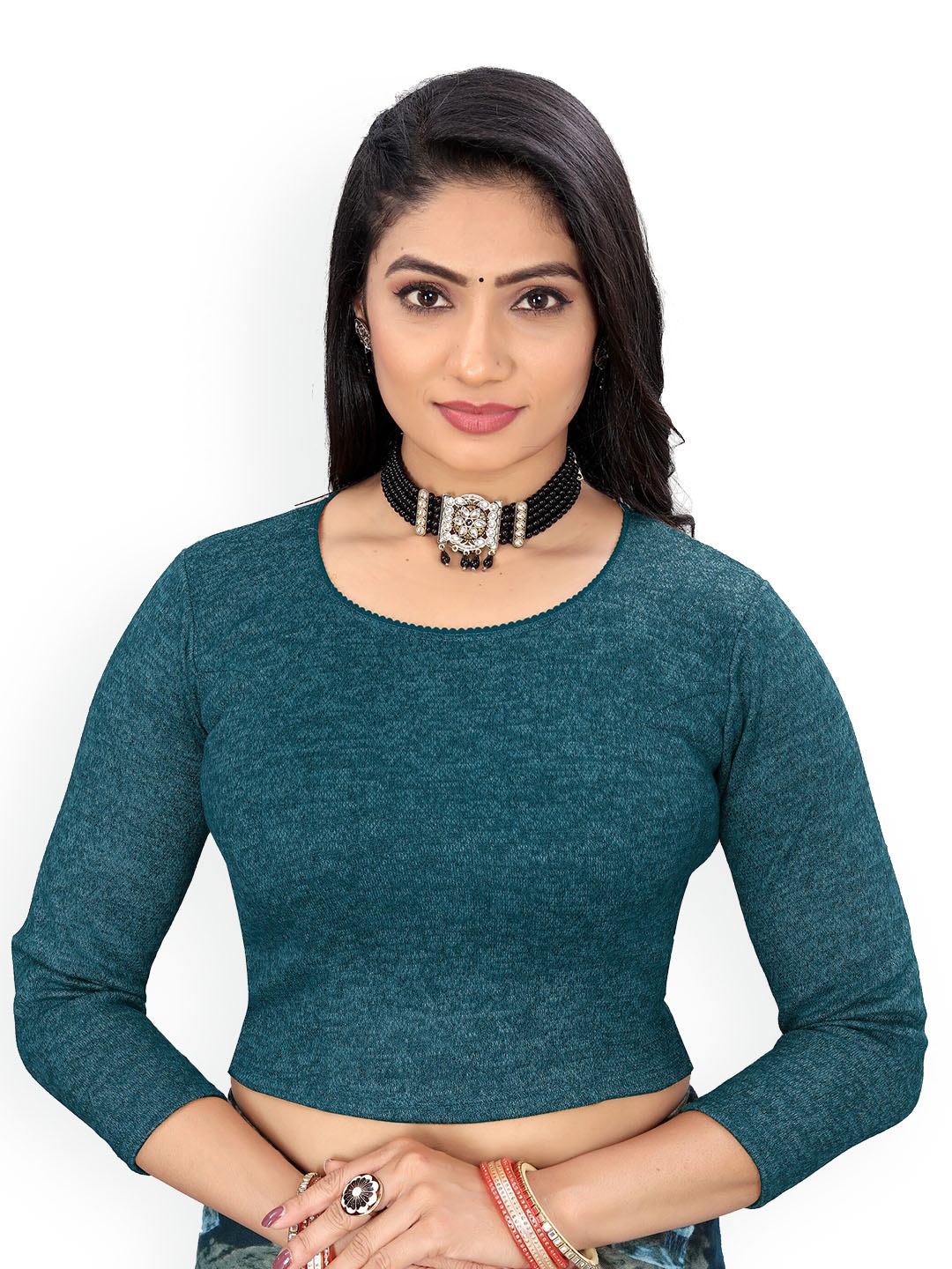 

Reeta Fashion Ribbed Round Neckline Woollen Cotton Saree Blouse, Teal