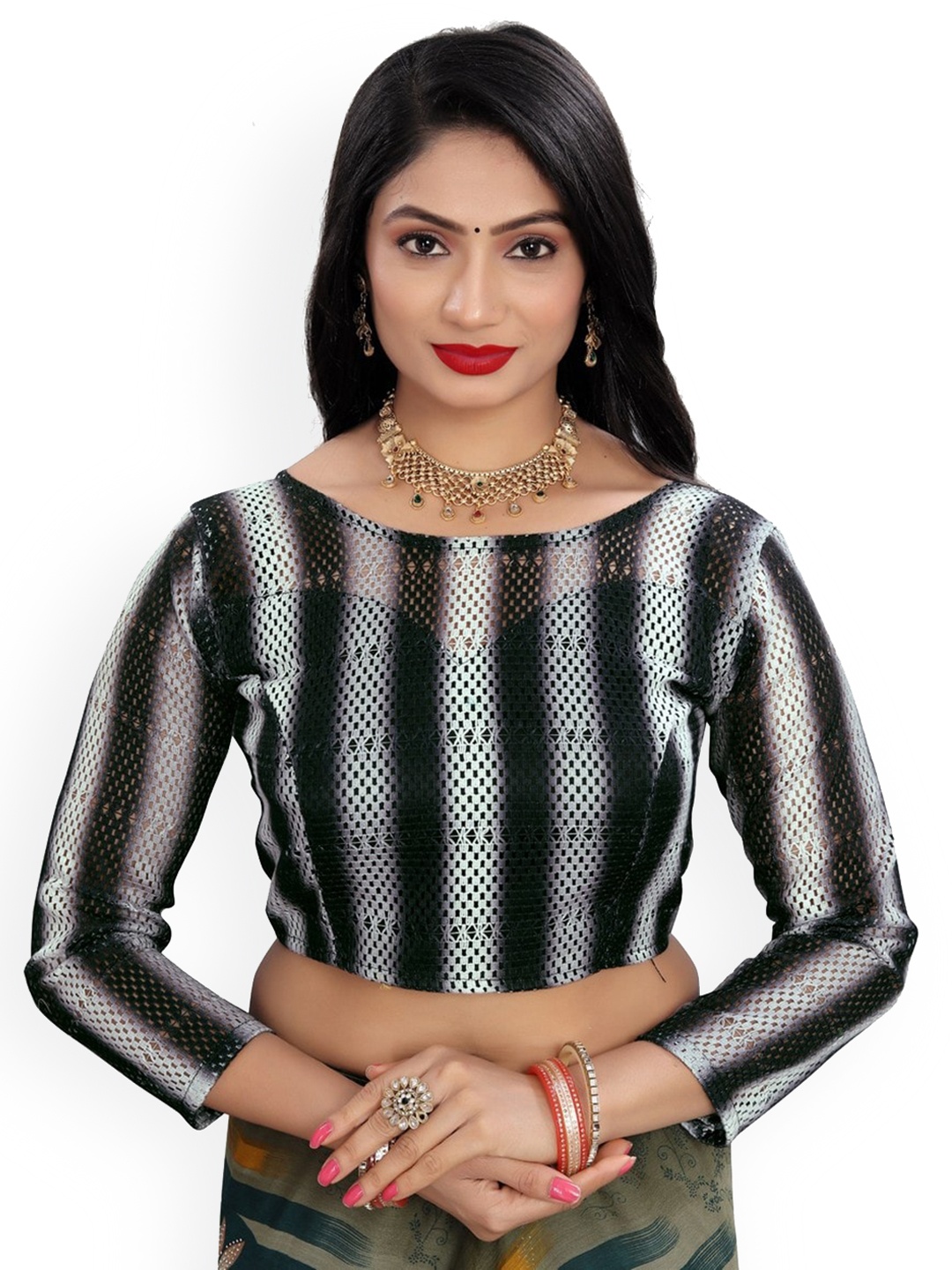 

Reeta Fashion Cotton Coourblocked Round Neck Readymade Saree Blouse, Black