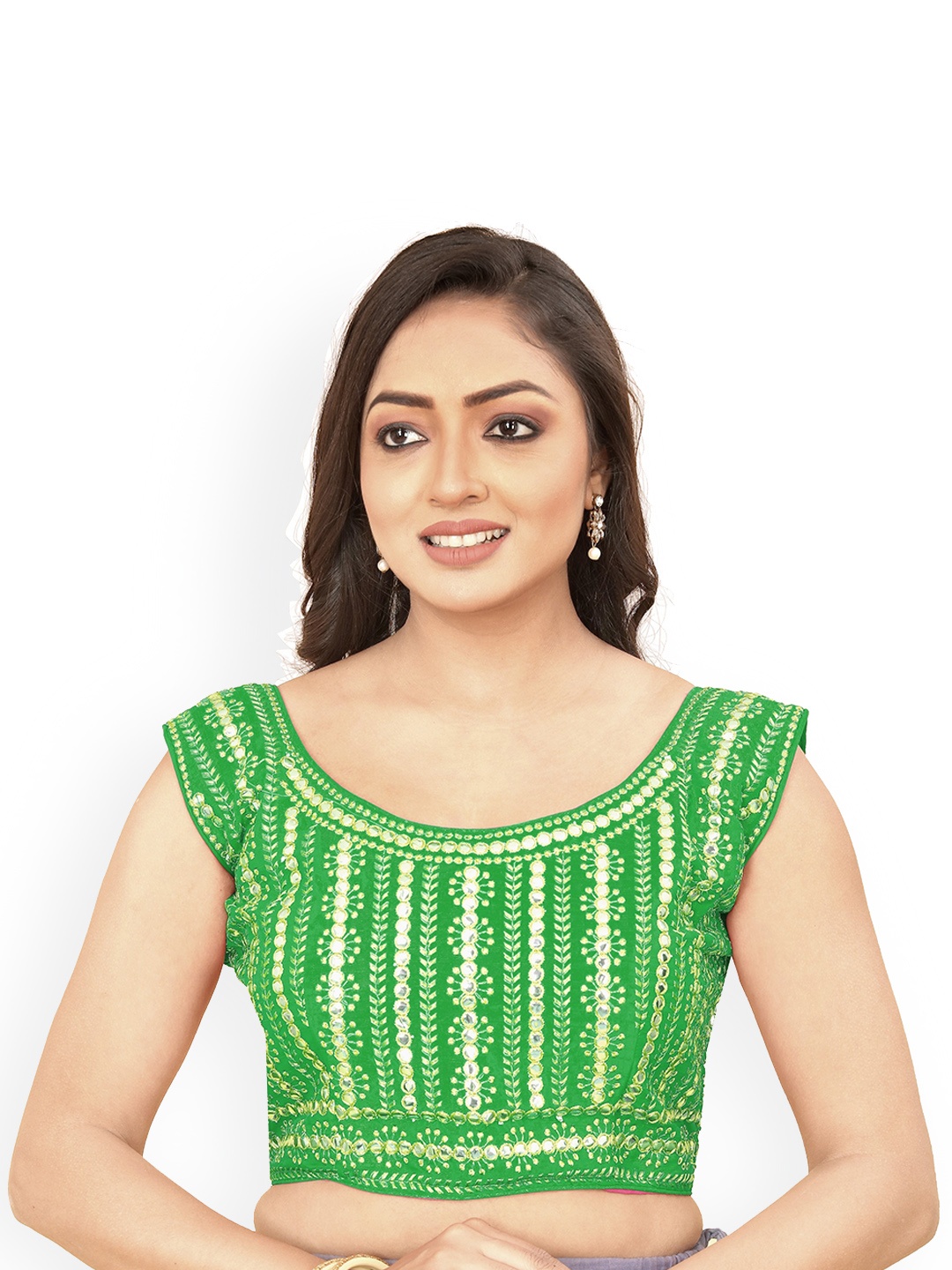 Reeta Fashion Embroidered Mirror Work Silk Readymade Saree Blouse, Green
