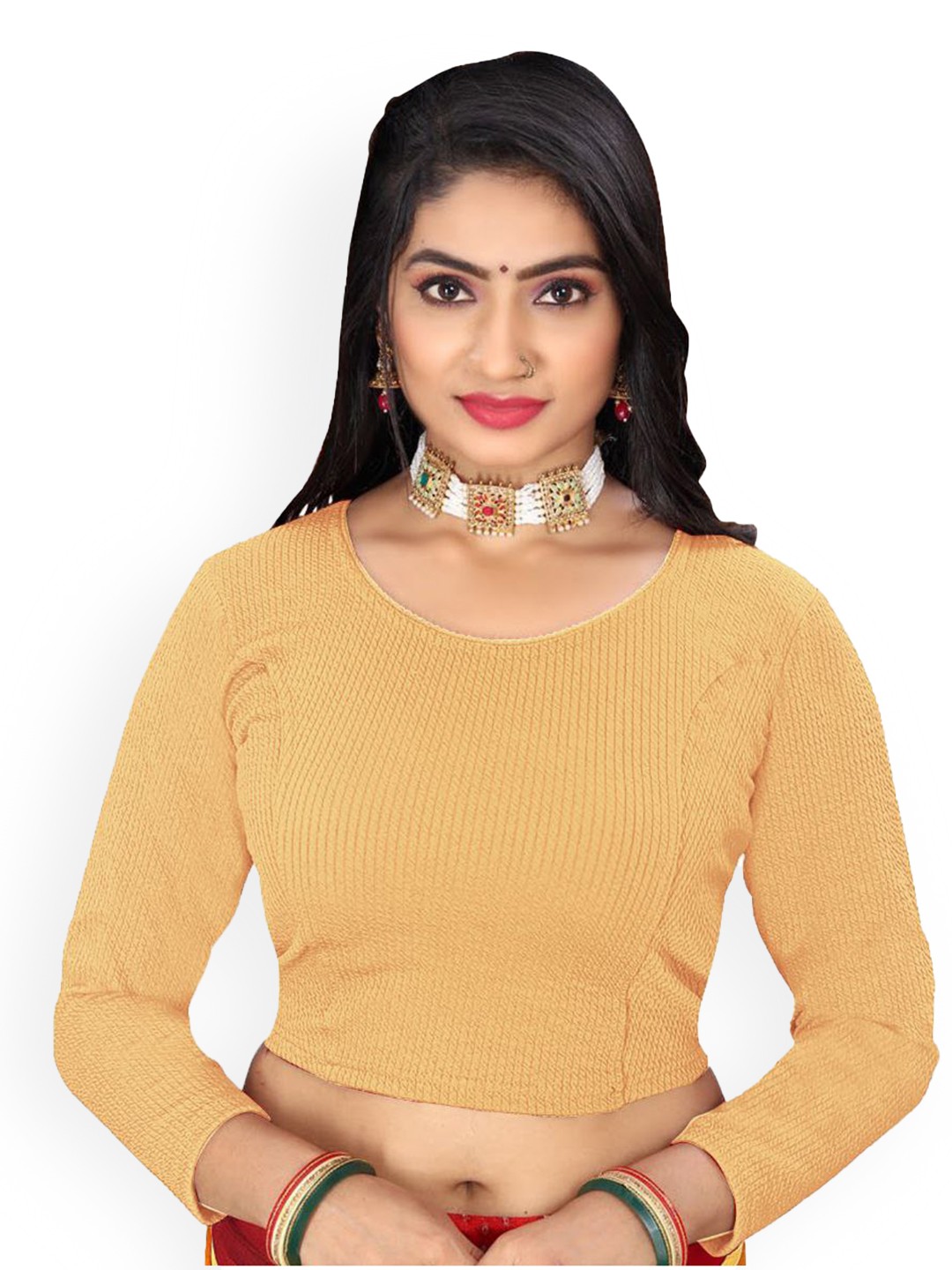 

Reeta Fashion Ribbed Round Neck Woollen Saree Blouse, Gold