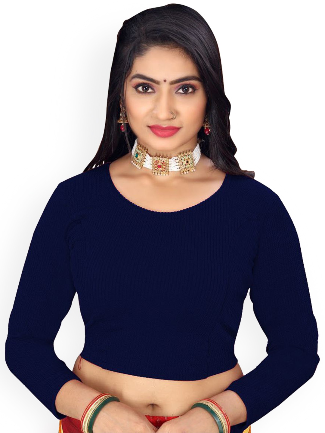 

Reeta Fashion Ribbed Round Neck Woollen Saree Blouse, Navy blue