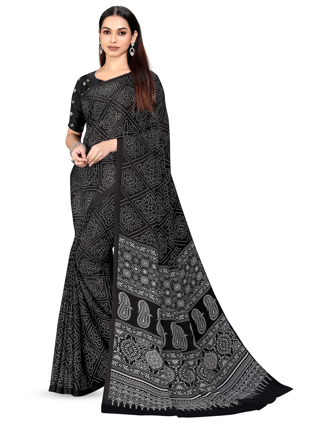 

VIMLA Bandhani Printed Pure Crepe Mysore Silk Saree, Black