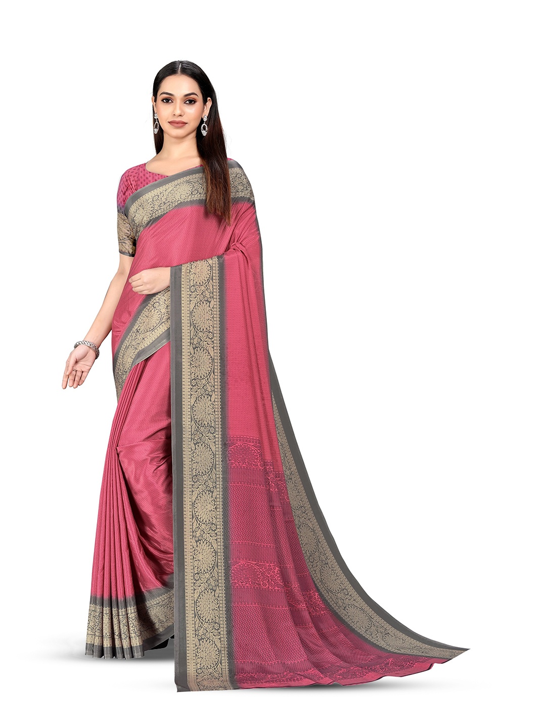 

VIMLA Geometric Printed Pure Crepe Mysore Silk Saree, Pink