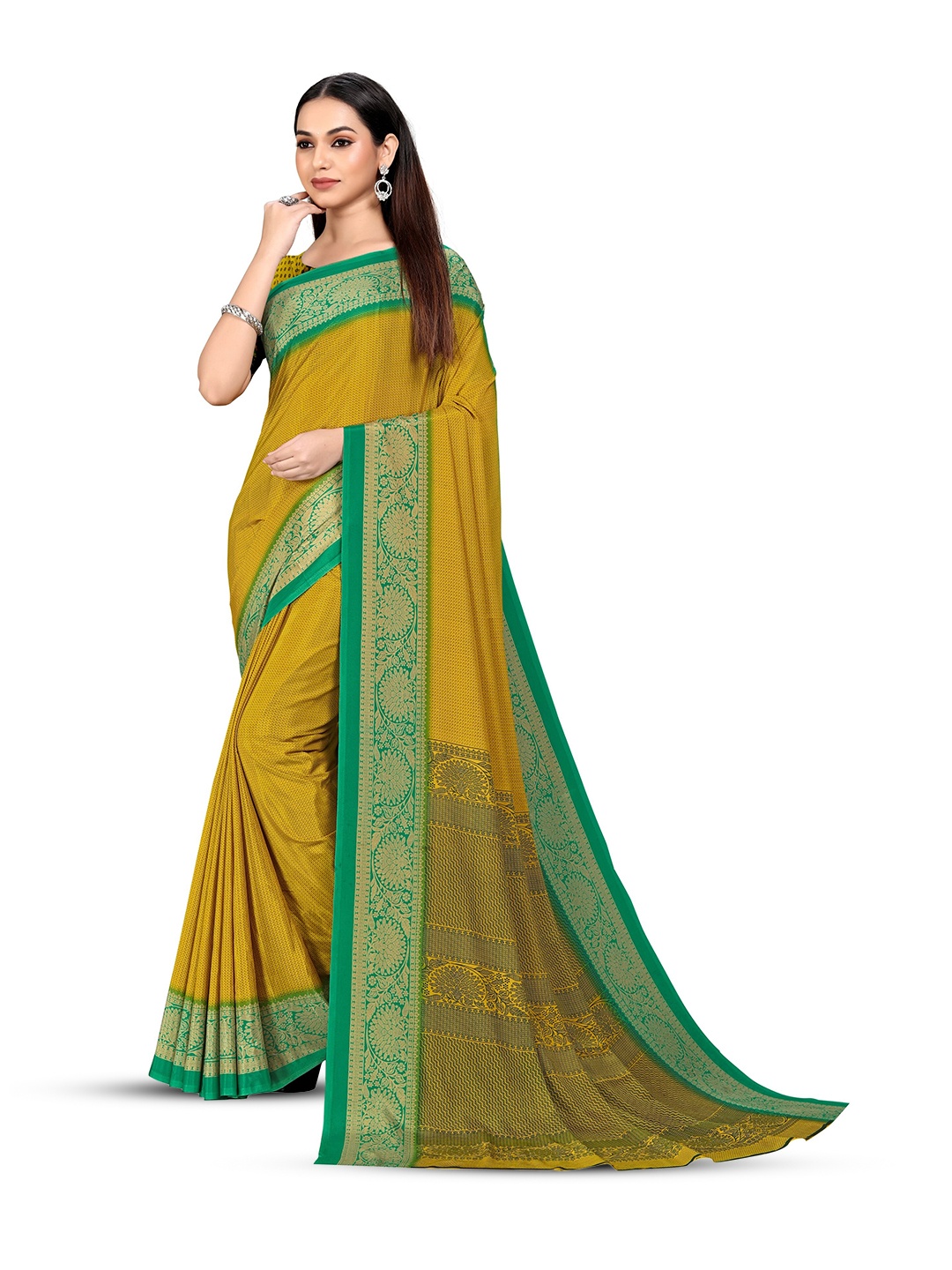 

VIMLA Floral Pure Crepe Mysore Silk Saree, Mustard
