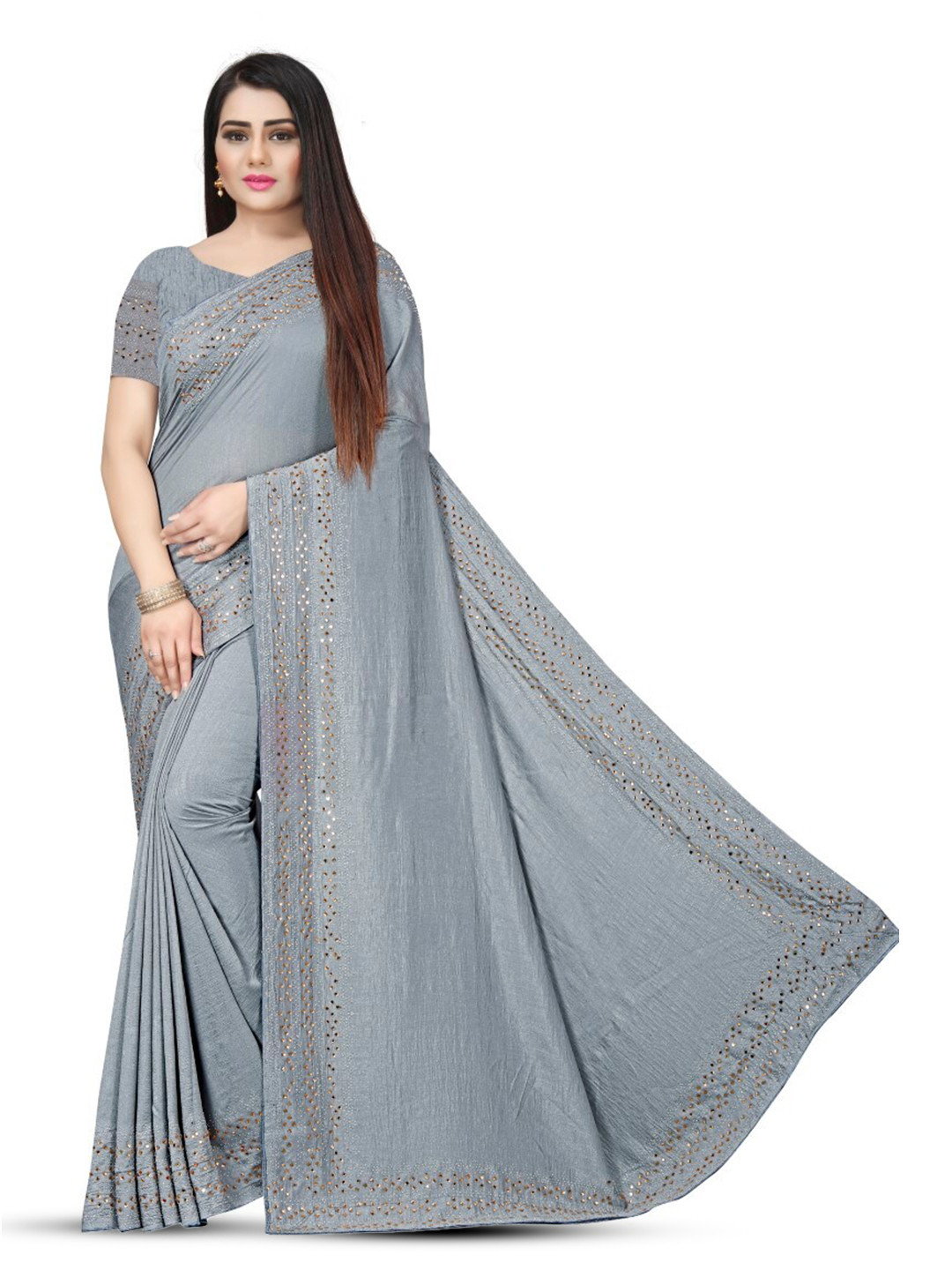 

PUNYATHA CREATION Beads And Stones Embellished Chanderi Saree, Grey
