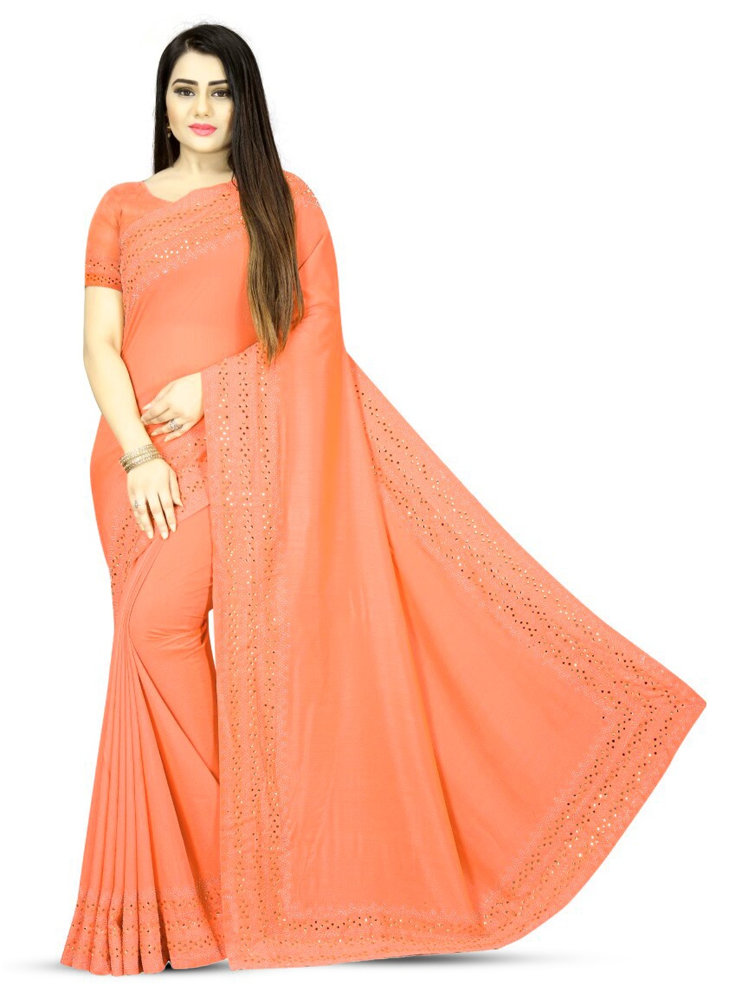 

PUNYATHA CREATION Beads And Stones Embellished Saree, Rust