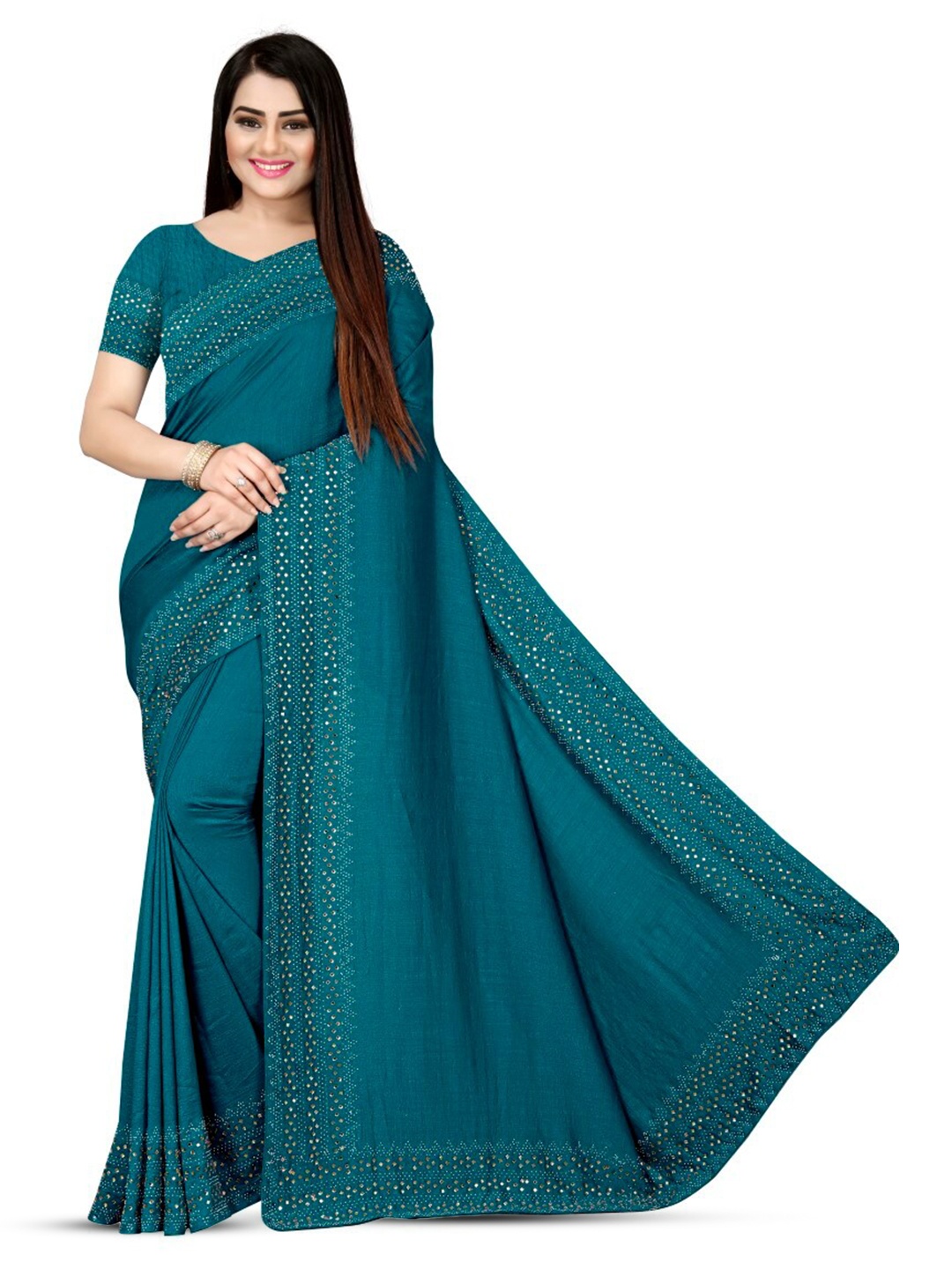 

PUNYATHA CREATION Beads And Stones Embellished Chanderi Saree, Teal