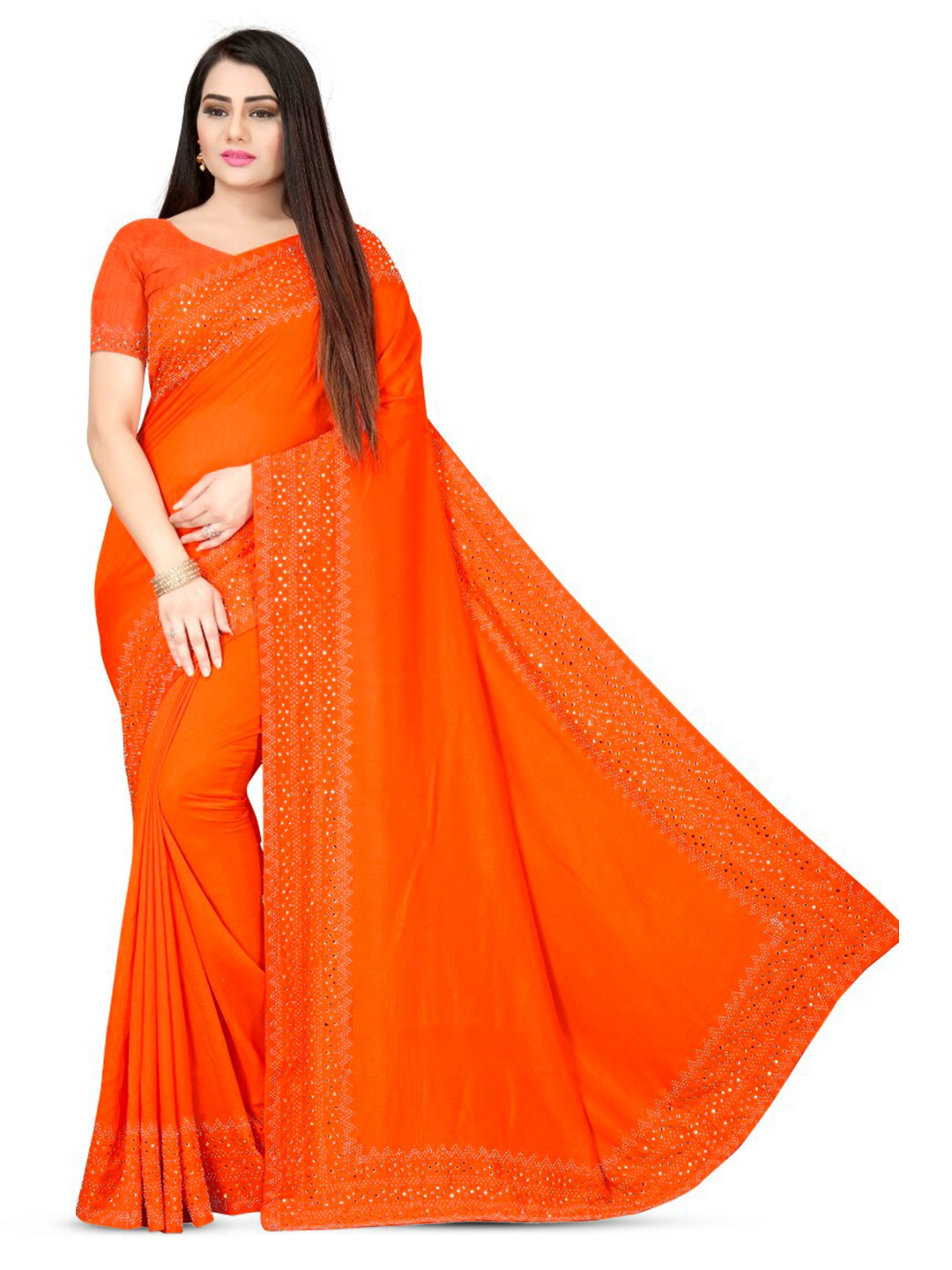 

PUNYATHA CREATION Beads And Stones Embellished Chanderi Saree, Orange