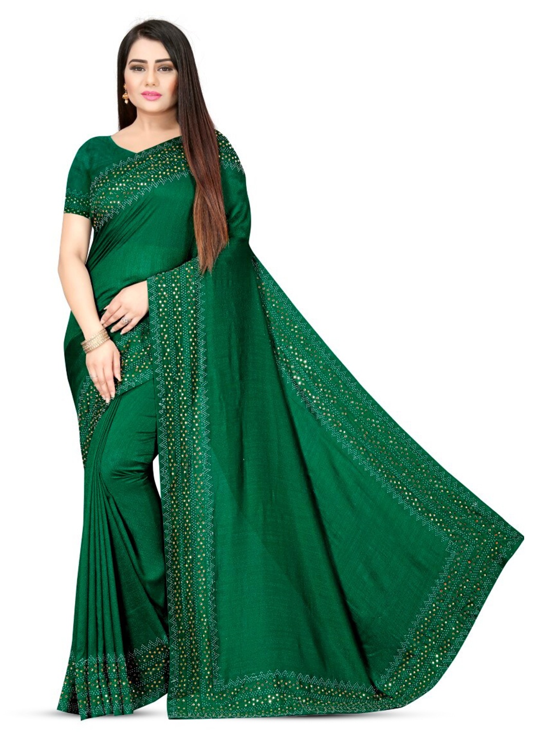 

PUNYATHA CREATION Beads and Stones Chanderi Saree, Green