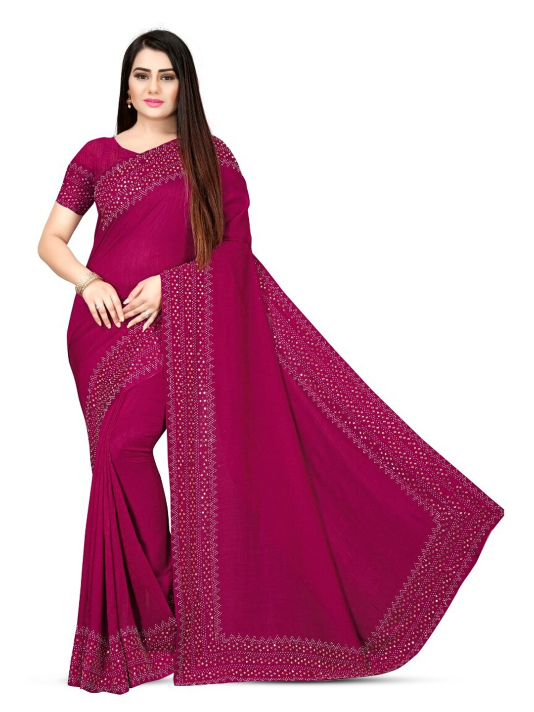 

PUNYATHA CREATION Beads And Stones Embellished Chanderi Saree, Maroon