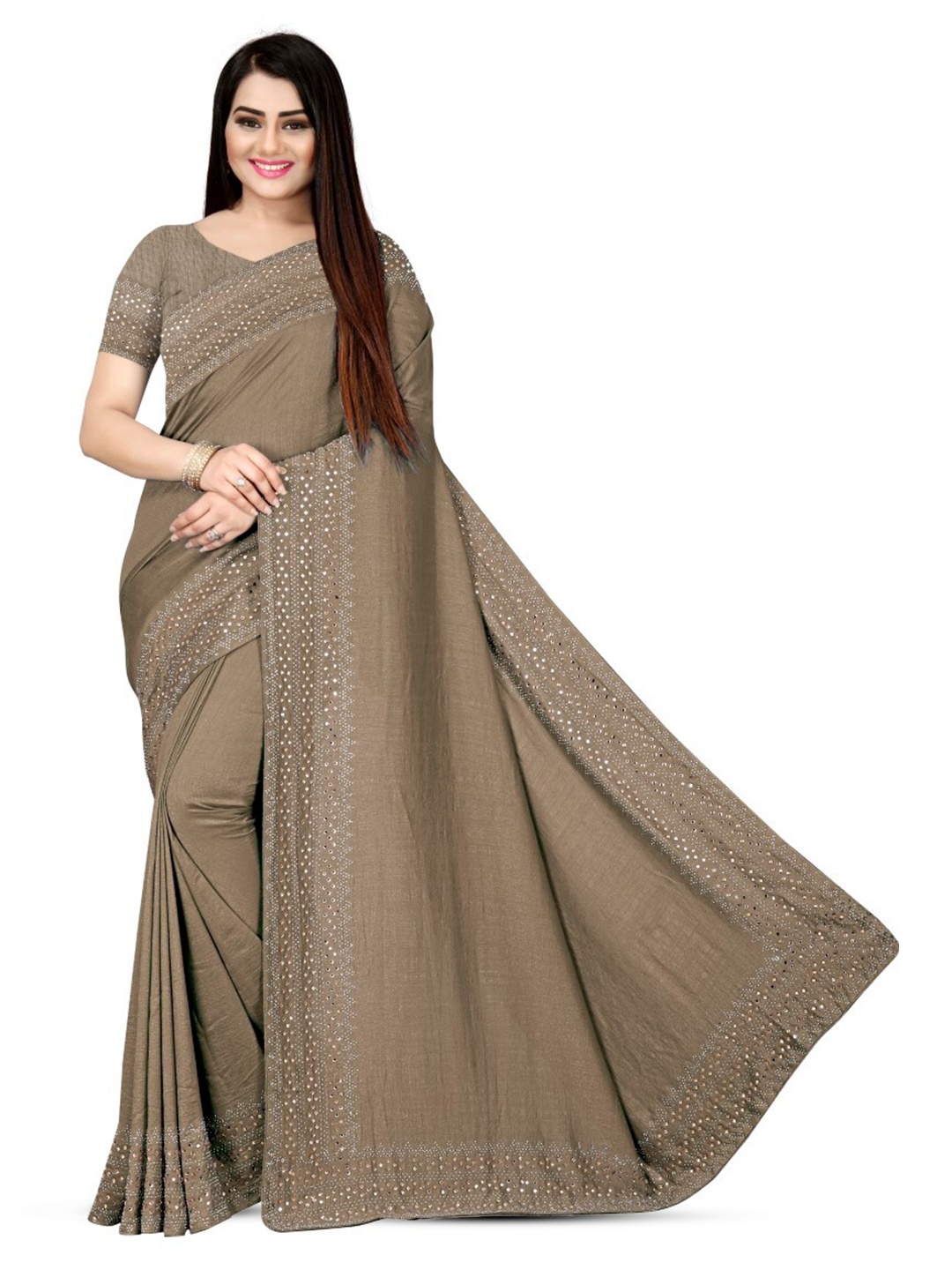 

PUNYATHA CREATION Beads and Stones Saree, Coffee brown