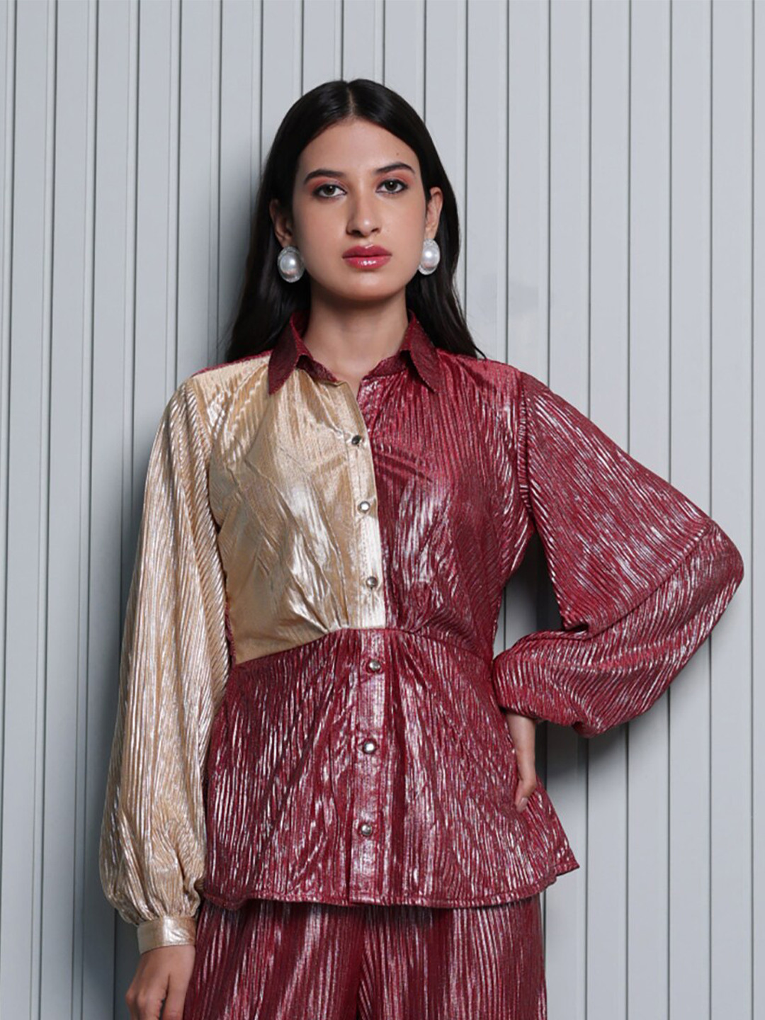 

B'Infinite Striped Spread Collar Long Sleeves Party Shirt, Gold